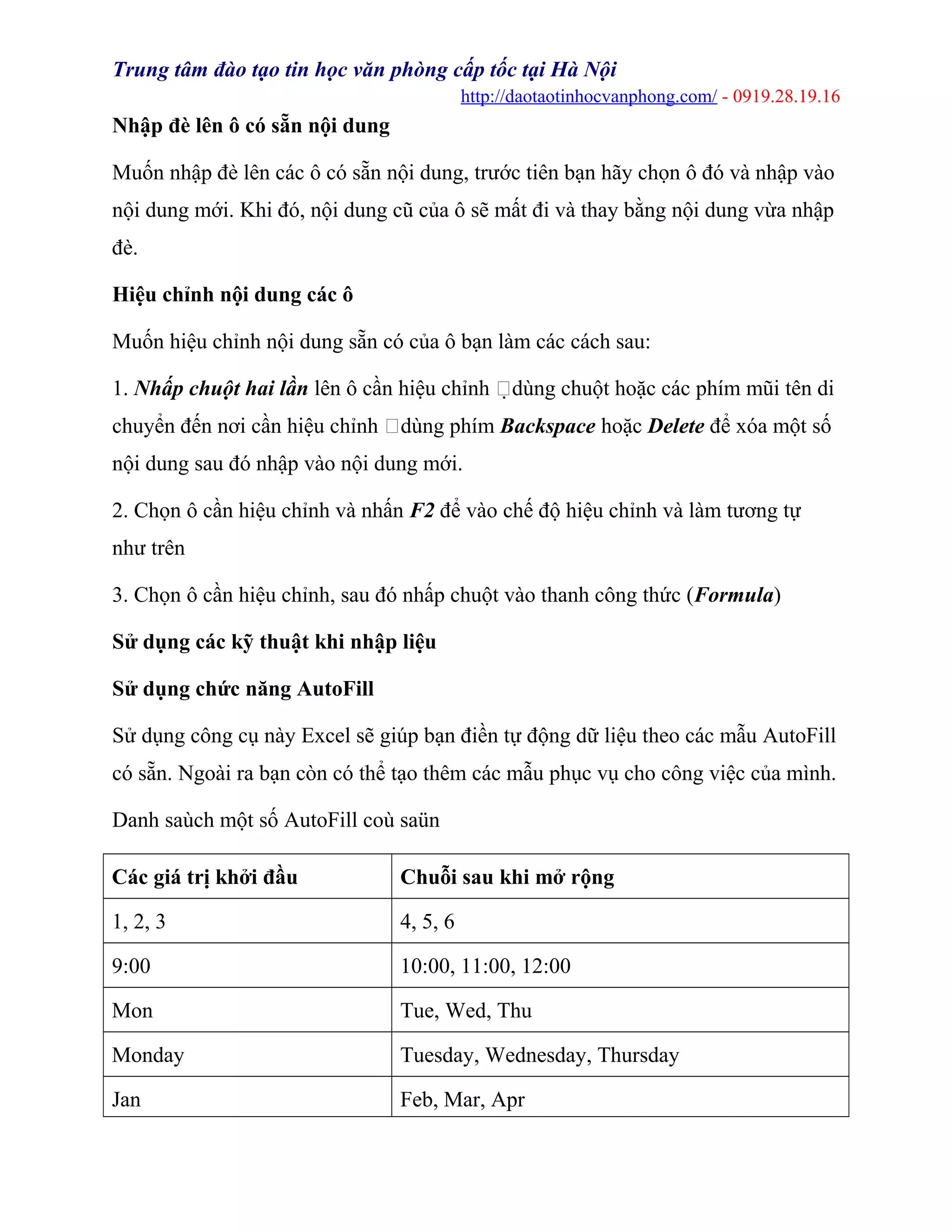 Trung tâm đào tạo tin học văn phòng cấp tốc tại Hà Nội
http://daotaotinhocvanphong.com/ - 0919.28.19.16
Nhập đè lên ô có sẵn nội dung
Muốn nhập đè lên các ô có sẵn nội dung, trước tiên bạn hãy chọn ô đó và nhập vào
nội dung mới. Khi đó, nội dung cũ của ô sẽ mất đi và thay bằng nội dung vừa nhập
đè.
Hiệu chỉnh nội dung các ô
Muốn hiệu chỉnh nội dung sẵn có của ô bạn làm các cách sau:
1. Nhấp chuột hai lần lên ô cần hiệu chỉnh dùng chuột hoặc các phím mũi tên di
chuyển đến nơi cần hiệu chỉnh dùng phím Backspace hoặc Delete để xóa một số
nội dung sau đó nhập vào nội dung mới.
2. Chọn ô cần hiệu chỉnh và nhấn F2 để vào chế độ hiệu chỉnh và làm tương tự
như trên
3. Chọn ô cần hiệu chỉnh, sau đó nhấp chuột vào thanh công thức (Formula)
Sử dụng các kỹ thuật khi nhập liệu
Sử dụng chức năng AutoFill
Sử dụng công cụ này Excel sẽ giúp bạn điền tự động dữ liệu theo các mẫu AutoFill
có sẵn. Ngoài ra bạn còn có thể tạo thêm các mẫu phục vụ cho công việc của mình.
Danh saùch một số AutoFill coù saün
Các giá trị khởi đầu Chuỗi sau khi mở rộng
1, 2, 3 4, 5, 6
9:00 10:00, 11:00, 12:00
Mon Tue, Wed, Thu
Monday Tuesday, Wednesday, Thursday
Jan Feb, Mar, Apr
 