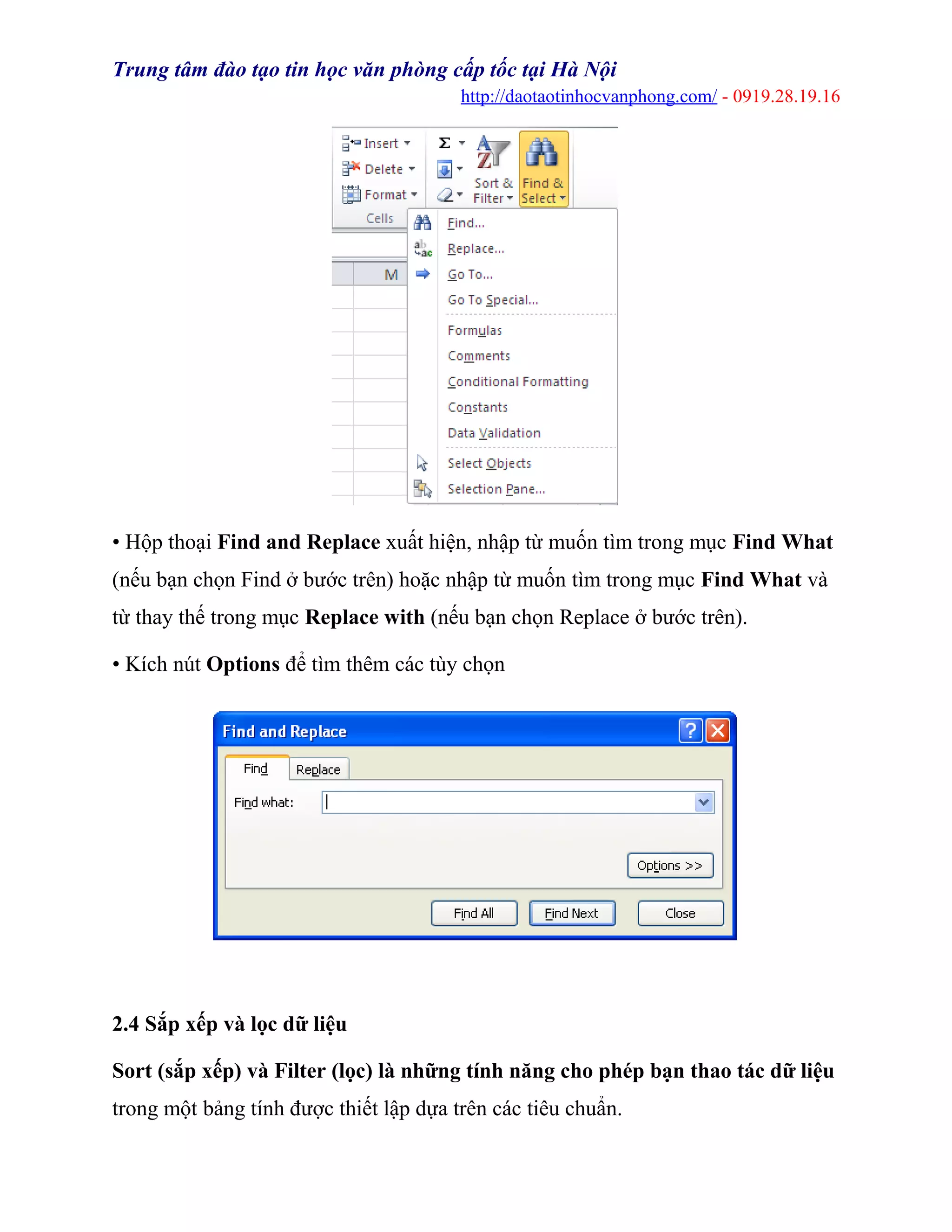 Trung tâm đào tạo tin học văn phòng cấp tốc tại Hà Nội
http://daotaotinhocvanphong.com/ - 0919.28.19.16
• Hộp thoại Find and Replace xuất hiện, nhập từ muốn tìm trong mục Find What
(nếu bạn chọn Find ở bước trên) hoặc nhập từ muốn tìm trong mục Find What và
từ thay thế trong mục Replace with (nếu bạn chọn Replace ở bước trên).
• Kích nút Options để tìm thêm các tùy chọn
2.4 Sắp xếp và lọc dữ liệu
Sort (sắp xếp) và Filter (lọc) là những tính năng cho phép bạn thao tác dữ liệu
trong một bảng tính được thiết lập dựa trên các tiêu chuẩn.
 