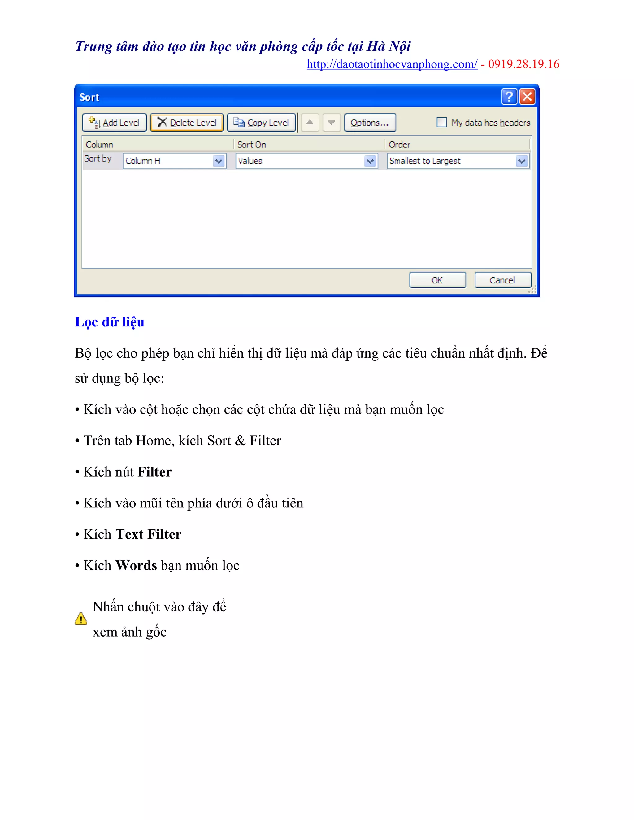 Trung tâm đào tạo tin học văn phòng cấp tốc tại Hà Nội
http://daotaotinhocvanphong.com/ - 0919.28.19.16
Lọc dữ liệu
Bộ lọc cho phép bạn chỉ hiển thị dữ liệu mà đáp ứng các tiêu chuẩn nhất định. Để
sử dụng bộ lọc:
• Kích vào cột hoặc chọn các cột chứa dữ liệu mà bạn muốn lọc
• Trên tab Home, kích Sort & Filter
• Kích nút Filter
• Kích vào mũi tên phía dưới ô đầu tiên
• Kích Text Filter
• Kích Words bạn muốn lọc
Nhấn chuột vào đây để
xem ảnh gốc
 