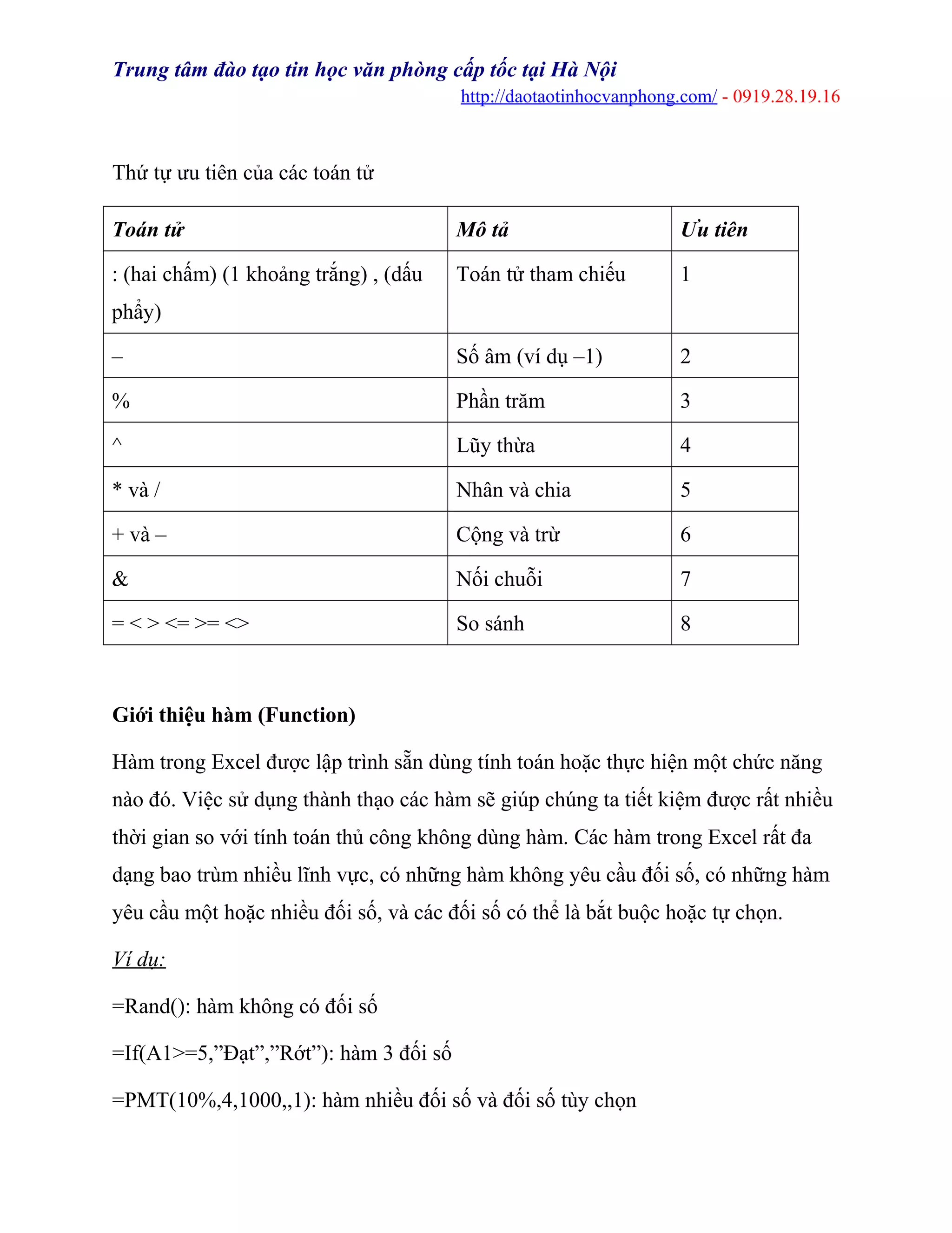 Trung tâm đào tạo tin học văn phòng cấp tốc tại Hà Nội
http://daotaotinhocvanphong.com/ - 0919.28.19.16
Thứ tự ưu tiên của các toán tử
Toán tử Mô tả Ưu tiên
: (hai chấm) (1 khoảng trắng) , (dấu
phẩy)
Toán tử tham chiếu 1
– Số âm (ví dụ –1) 2
% Phần trăm 3
^ Lũy thừa 4
* và / Nhân và chia 5
+ và – Cộng và trừ 6
& Nối chuỗi 7
= < > <= >= <> So sánh 8
Giới thiệu hàm (Function)
Hàm trong Excel được lập trình sẵn dùng tính toán hoặc thực hiện một chức năng
nào đó. Việc sử dụng thành thạo các hàm sẽ giúp chúng ta tiết kiệm được rất nhiều
thời gian so với tính toán thủ công không dùng hàm. Các hàm trong Excel rất đa
dạng bao trùm nhiều lĩnh vực, có những hàm không yêu cầu đối số, có những hàm
yêu cầu một hoặc nhiều đối số, và các đối số có thể là bắt buộc hoặc tự chọn.
Ví dụ:
=Rand(): hàm không có đối số
=If(A1>=5,”Đạt”,”Rớt”): hàm 3 đối số
=PMT(10%,4,1000,,1): hàm nhiều đối số và đối số tùy chọn
 