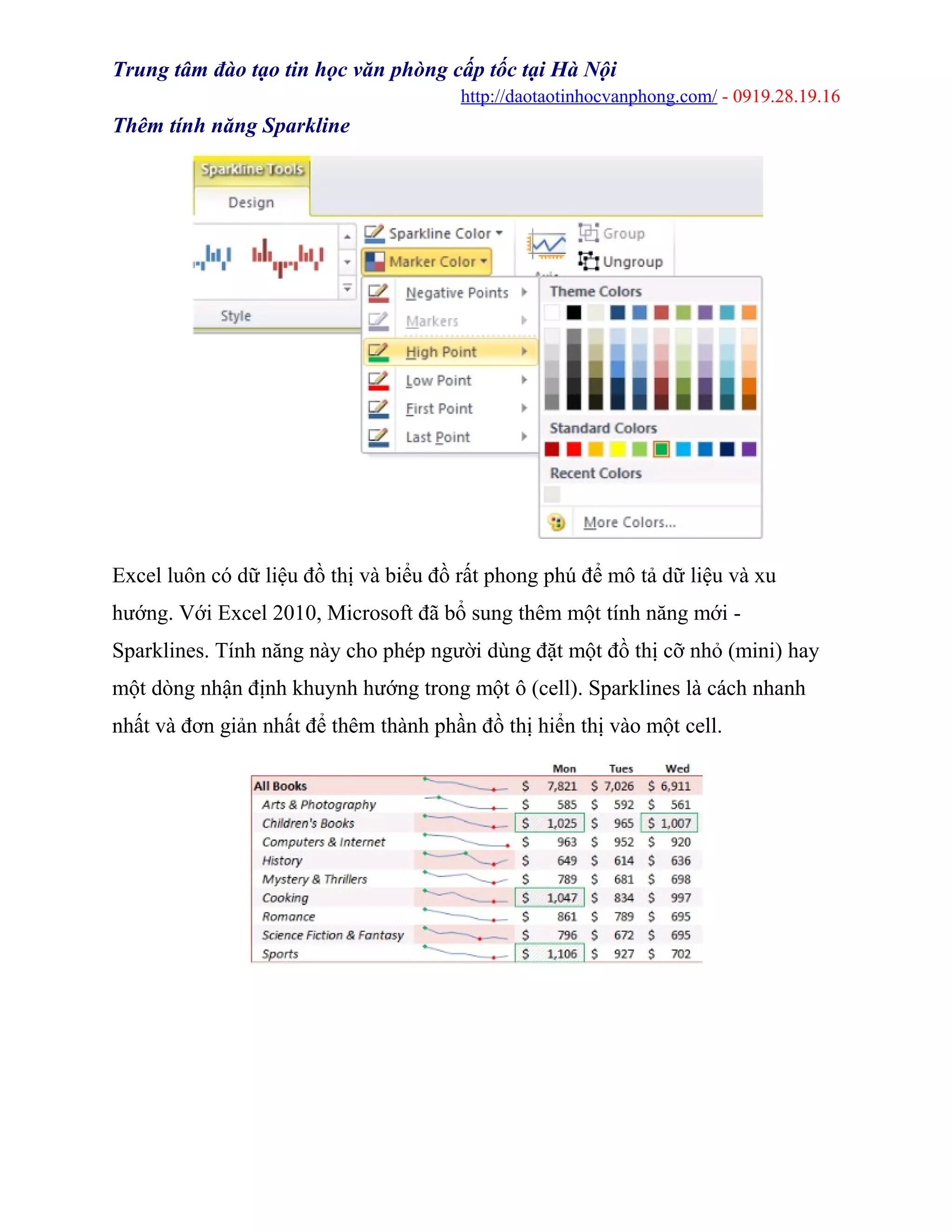 Trung tâm đào tạo tin học văn phòng cấp tốc tại Hà Nội
http://daotaotinhocvanphong.com/ - 0919.28.19.16
Thêm tính năng Sparkline
Excel luôn có dữ liệu đồ thị và biểu đồ rất phong phú để mô tả dữ liệu và xu
hướng. Với Excel 2010, Microsoft đã bổ sung thêm một tính năng mới -
Sparklines. Tính năng này cho phép người dùng đặt một đồ thị cỡ nhỏ (mini) hay
một dòng nhận định khuynh hướng trong một ô (cell). Sparklines là cách nhanh
nhất và đơn giản nhất để thêm thành phần đồ thị hiển thị vào một cell.
 