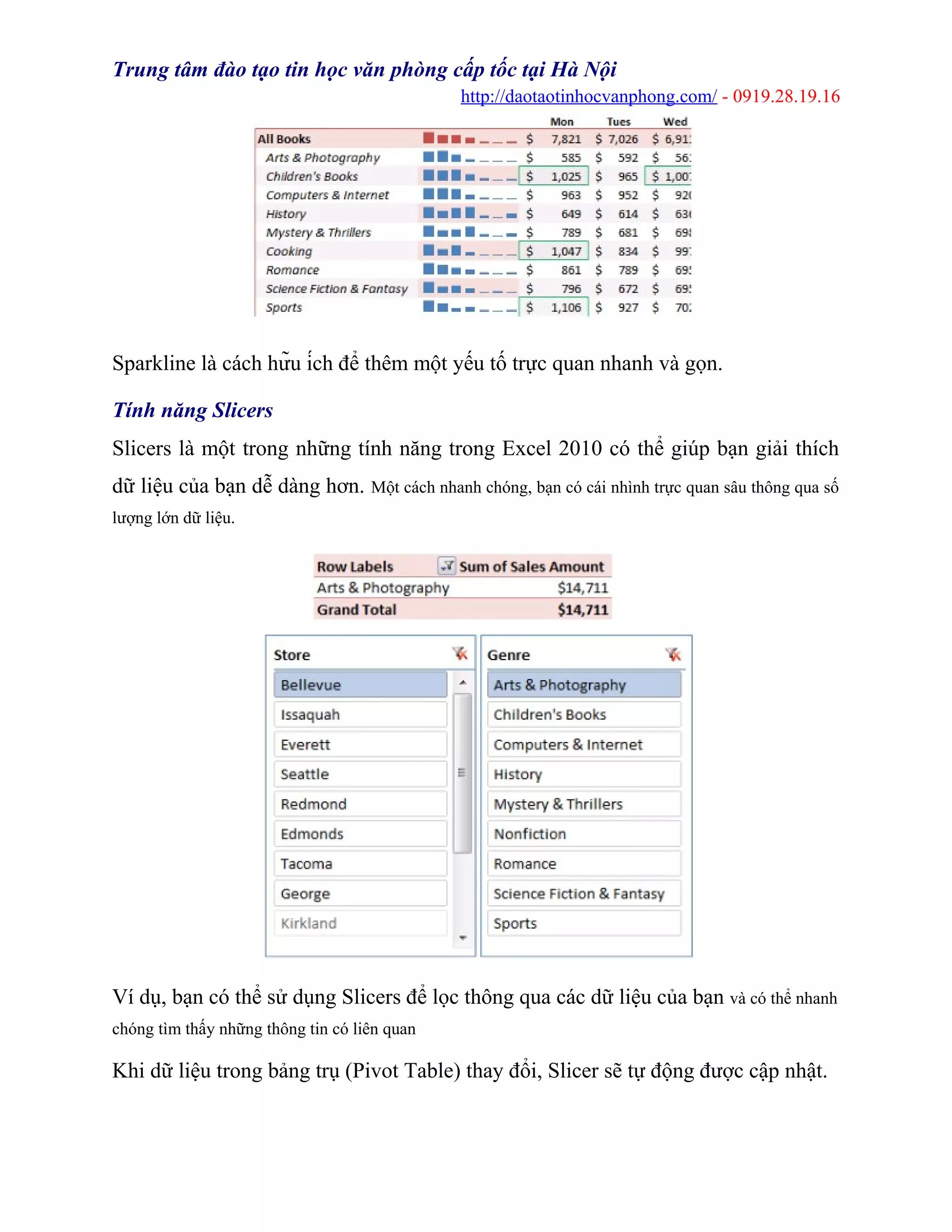 Trung tâm đào tạo tin học văn phòng cấp tốc tại Hà Nội
http://daotaotinhocvanphong.com/ - 0919.28.19.16
Sparkline là cách hữu ích để thêm một yếu tố trực quan nhanh và gọn.
Tính năng Slicers
Slicers là một trong những tính năng trong Excel 2010 có thể giúp bạn giải thích
dữ liệu của bạn dễ dàng hơn. Một cách nhanh chóng, bạn có cái nhình trực quan sâu thông qua số
lượng lớn dữ liệu.
Ví dụ, bạn có thể sử dụng Slicers để lọc thông qua các dữ liệu của bạn và có thể nhanh
chóng tìm thấy những thông tin có liên quan
Khi dữ liệu trong bảng trụ (Pivot Table) thay đổi, Slicer sẽ tự động được cập nhật.
 