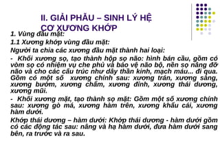 II. GIẢI PHẪU – SINH LÝ HỆ
CƠ XƯƠNG KHỚP
1. Vùng đầu mặt:
1.1 Xương khớp vùng đầu mặt:
Người ta chia các xương đầu mặt thành hai loại:
- Khối xương sọ, tạo thành hộp sọ não: hình bán cầu, gồm có
vòm sọ có nhiệm vụ che phủ và bảo vệ não bộ, nền sọ nâng đỡ
não và cho các cấu trúc như dây thần kinh, mạch máu... đi qua.
Gồm có một số xương chính sau: xương trán, xương sàng,
xương bướm, xương chẩm, xương đỉnh, xương thái dương,
xương mũi.
- Khối xương mặt, tạo thành sọ mặt: Gồm một số xương chính
sau: xương gò má, xương hàm trên, xương khẩu cái, xương
hàm dưới.
Khớp thái dương – hàm dưới: Khớp thái dương - hàm dưới gồm
có các động tác sau: nâng và hạ hàm dưới, đưa hàm dưới sang
bên, ra trước và ra sau.
 