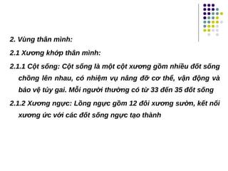 2. Vùng thân mình:
2.1 Xương khớp thân mình:
2.1.1 Cột sống: Cột sống là một cột xương gồm nhiều đốt sống
chồng lên nhau, có nhiệm vụ nâng đỡ cơ thể, vận động và
bảo vệ tủy gai. Mỗi người thường có từ 33 đến 35 đốt sống
2.1.2 Xương ngực: Lồng ngực gồm 12 đôi xương sườn, kết nối
xương ức với các đốt sống ngực tạo thành
 