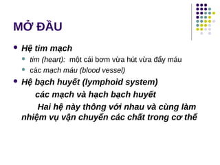 MỞ ĐẦU
 Hệ tim mạch
 tim (heart): một cái bơm vừa hút vừa đẩy máu
 các mạch máu (blood vessel)
 Hệ bạch huyết (lymphoid system)
các mạch và hạch bạch huyết
Hai hệ này thông với nhau và cùng làm
nhiệm vụ vận chuyển các chất trong cơ thể
 