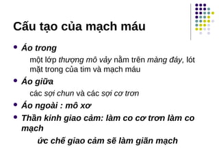 Cấu tạo của mạch máu
 Áo trong
một lớp thượng mô vảy nằm trên màng đáy, lót
mặt trong của tim và mạch máu
 Áo giữa
các sợi chun và các sợi cơ trơn
 Áo ngoài : mô xơ
 Thần kinh giao cảm: làm co cơ trơn làm co
mạch
ức chế giao cảm sẽ làm giãn mạch
 