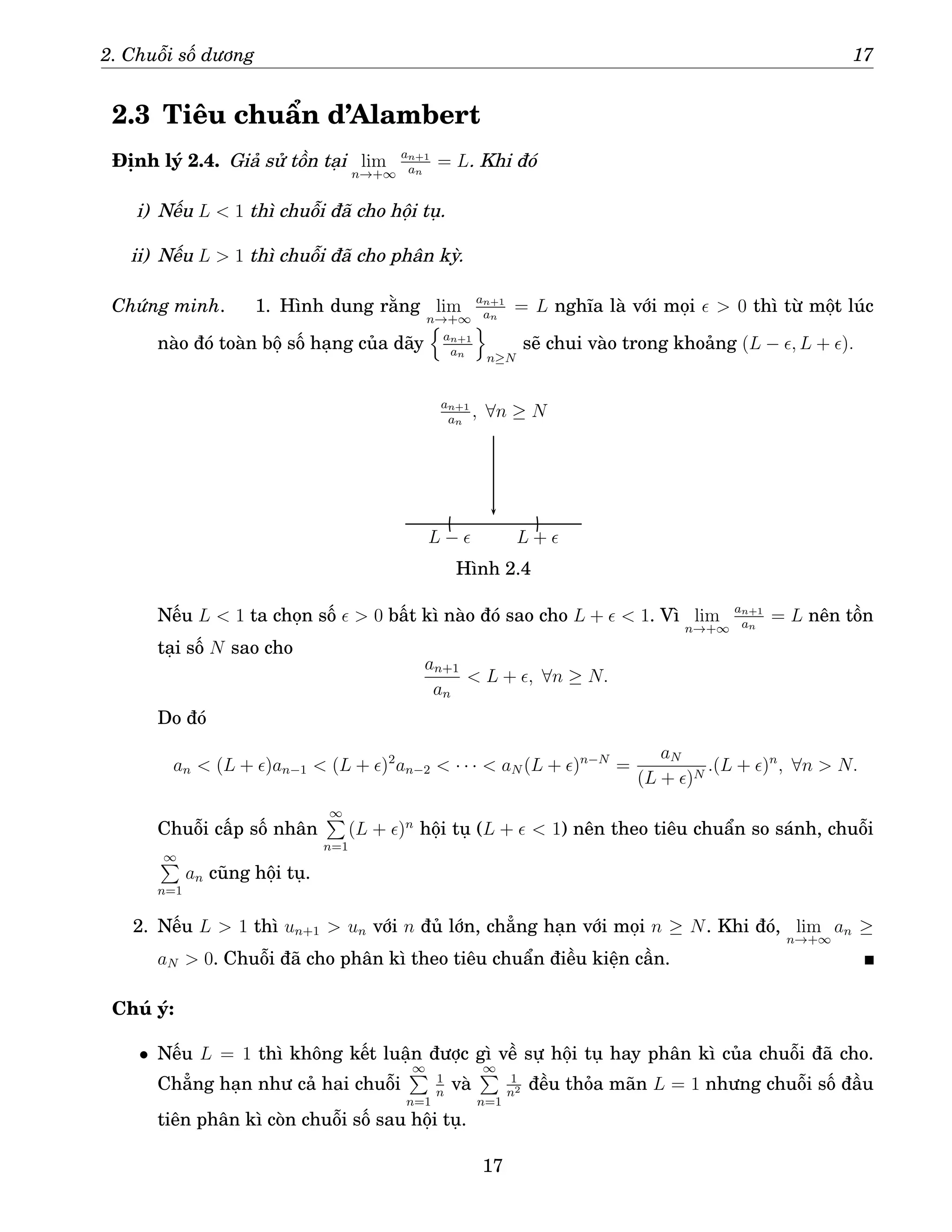 2. Chuỗi số dương 17
2.3 Tiêu chuẩn d’Alambert
Định lý 2.4. Giả sử tồn tại lim
n→+∞
an+1
an
= L. Khi đó
i) Nếu L  1 thì chuỗi đã cho hội tụ.
ii) Nếu L  1 thì chuỗi đã cho phân kỳ.
Chứng minh. 1. Hình dung rằng lim
n→+∞
an+1
an
= L nghĩa là với mọi ǫ  0 thì từ một lúc
nào đó toàn bộ số hạng của dãy
n
an+1
an
o
n≥N
sẽ chui vào trong khoảng (L − ǫ, L + ǫ).
L + ǫ
L − ǫ
an+1
an
, ∀n ≥ N
Hình 2.4
Nếu L  1 ta chọn số ǫ  0 bất kì nào đó sao cho L + ǫ  1. Vì lim
n→+∞
an+1
an
= L nên tồn
tại số N sao cho
an+1
an
 L + ǫ, ∀n ≥ N.
Do đó
an  (L + ǫ)an−1  (L + ǫ)2
an−2  · · ·  aN (L + ǫ)n−N
=
aN
(L + ǫ)N
.(L + ǫ)n
, ∀n  N.
Chuỗi cấp số nhân
∞
P
n=1
(L + ǫ)n
hội tụ (L + ǫ  1) nên theo tiêu chuẩn so sánh, chuỗi
∞
P
n=1
an cũng hội tụ.
2. Nếu L  1 thì un+1  un với n đủ lớn, chẳng hạn với mọi n ≥ N. Khi đó, lim
n→+∞
an ≥
aN  0. Chuỗi đã cho phân kì theo tiêu chuẩn điều kiện cần.
Chú ý:
• Nếu L = 1 thì không kết luận được gì về sự hội tụ hay phân kì của chuỗi đã cho.
Chẳng hạn như cả hai chuỗi
∞
P
n=1
1
n
và
∞
P
n=1
1
n2 đều thỏa mãn L = 1 nhưng chuỗi số đầu
tiên phân kì còn chuỗi số sau hội tụ.
17
 
