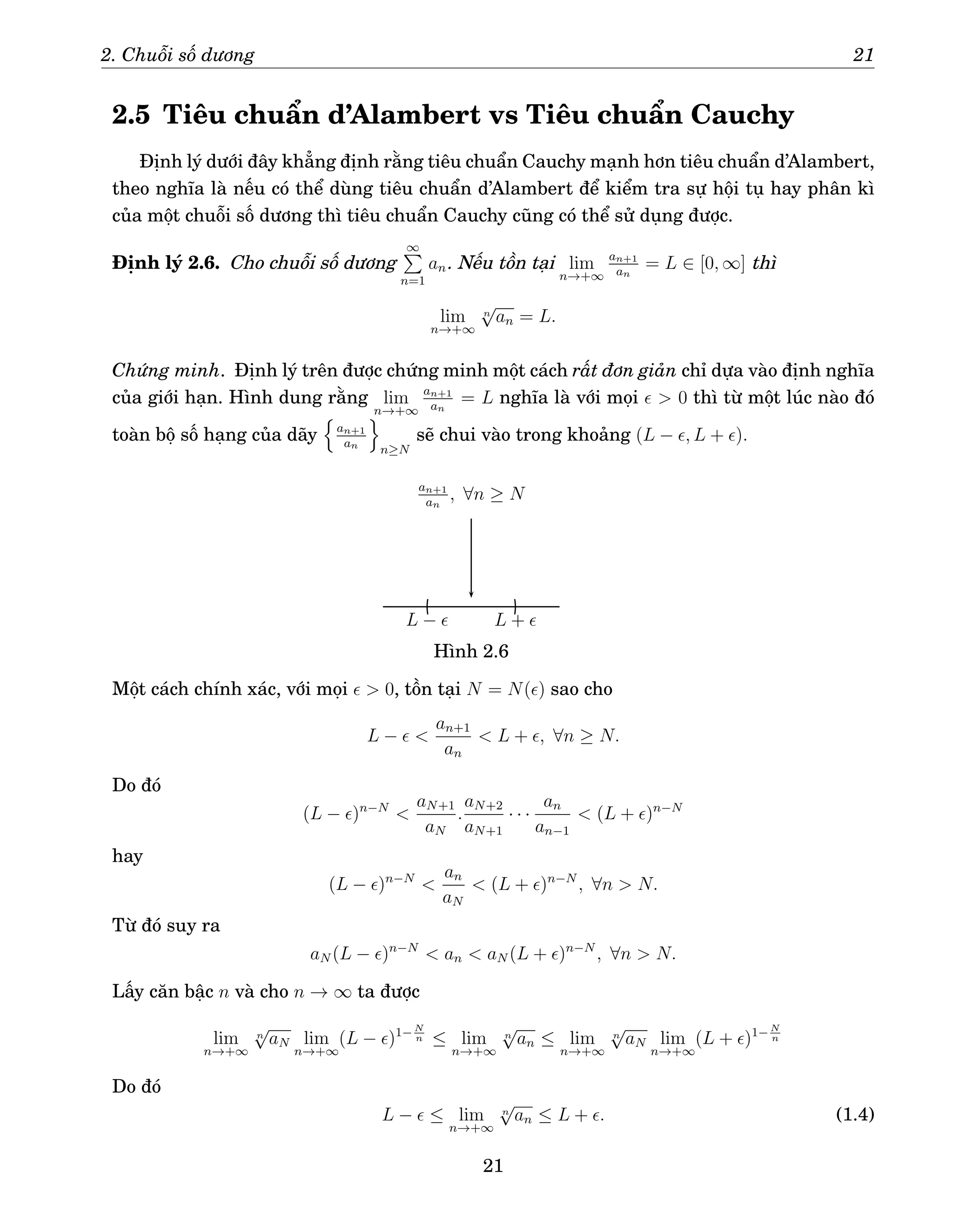 2. Chuỗi số dương 21
2.5 Tiêu chuẩn d’Alambert vs Tiêu chuẩn Cauchy
Định lý dưới đây khẳng định rằng tiêu chuẩn Cauchy mạnh hơn tiêu chuẩn d’Alambert,
theo nghĩa là nếu có thể dùng tiêu chuẩn d’Alambert để kiểm tra sự hội tụ hay phân kì
của một chuỗi số dương thì tiêu chuẩn Cauchy cũng có thể sử dụng được.
Định lý 2.6. Cho chuỗi số dương
∞
P
n=1
an. Nếu tồn tại lim
n→+∞
an+1
an
= L ∈ [0, ∞] thì
lim
n→+∞
n
√
an = L.
Chứng minh. Định lý trên được chứng minh một cách rất đơn giản chỉ dựa vào định nghĩa
của giới hạn. Hình dung rằng lim
n→+∞
an+1
an
= L nghĩa là với mọi ǫ  0 thì từ một lúc nào đó
toàn bộ số hạng của dãy
n
an+1
an
o
n≥N
sẽ chui vào trong khoảng (L − ǫ, L + ǫ).
L + ǫ
L − ǫ
an+1
an
, ∀n ≥ N
Hình 2.6
Một cách chính xác, với mọi ǫ  0, tồn tại N = N(ǫ) sao cho
L − ǫ 
an+1
an
 L + ǫ, ∀n ≥ N.
Do đó
(L − ǫ)n−N

aN+1
aN
.
aN+2
aN+1
· · ·
an
an−1
 (L + ǫ)n−N
hay
(L − ǫ)n−N

an
aN
 (L + ǫ)n−N
, ∀n  N.
Từ đó suy ra
aN (L − ǫ)n−N
 an  aN (L + ǫ)n−N
, ∀n  N.
Lấy căn bậc n và cho n → ∞ ta được
lim
n→+∞
n
√
aN lim
n→+∞
(L − ǫ)1− N
n ≤ lim
n→+∞
n
√
an ≤ lim
n→+∞
n
√
aN lim
n→+∞
(L + ǫ)1− N
n
Do đó
L − ǫ ≤ lim
n→+∞
n
√
an ≤ L + ǫ. (1.4)
21
 