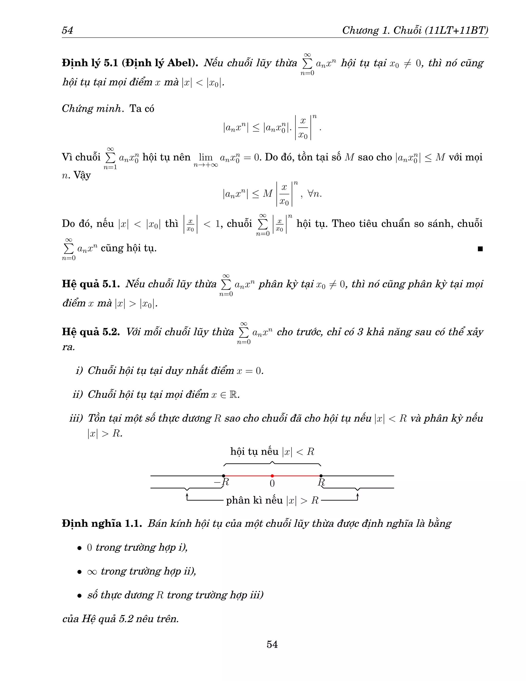 54 Chương 1. Chuỗi (11LT+11BT)
Định lý 5.1 (Định lý Abel). Nếu chuỗi lũy thừa
∞
P
n=0
anxn
hội tụ tại x0 6= 0, thì nó cũng
hội tụ tại mọi điểm x mà |x|  |x0|.
Chứng minh. Ta có
|anxn
| ≤ |anxn
0 |.
x
x0
n
.
Vì chuỗi
∞
P
n=1
anxn
0 hội tụ nên lim
n→+∞
anxn
0 = 0. Do đó, tồn tại số M sao cho |anxn
0 | ≤ M với mọi
n. Vậy
|anxn
| ≤ M
x
x0
n
, ∀n.
Do đó, nếu |x|  |x0| thì x
x0
 1, chuỗi
∞
P
n=0
x
x0
n
hội tụ. Theo tiêu chuẩn so sánh, chuỗi
∞
P
n=0
anxn
cũng hội tụ.
Hệ quả 5.1. Nếu chuỗi lũy thừa
∞
P
n=0
anxn
phân kỳ tại x0 6= 0, thì nó cũng phân kỳ tại mọi
điểm x mà |x|  |x0|.
Hệ quả 5.2. Với mỗi chuỗi lũy thừa
∞
P
n=0
anxn
cho trước, chỉ có 3 khả năng sau có thể xảy
ra.
i) Chuỗi hội tụ tại duy nhất điểm x = 0.
ii) Chuỗi hội tụ tại mọi điểm x ∈ R.
iii) Tồn tại một số thực dương R sao cho chuỗi đã cho hội tụ nếu |x|  R và phân kỳ nếu
|x|  R.
b b
b
hội tụ nếu |x|  R
phân kì nếu |x|  R
0 R
−R
Định nghĩa 1.1. Bán kính hội tụ của một chuỗi lũy thừa được định nghĩa là bằng
• 0 trong trường hợp i),
• ∞ trong trường hợp ii),
• số thực dương R trong trường hợp iii)
của Hệ quả 5.2 nêu trên.
54
 