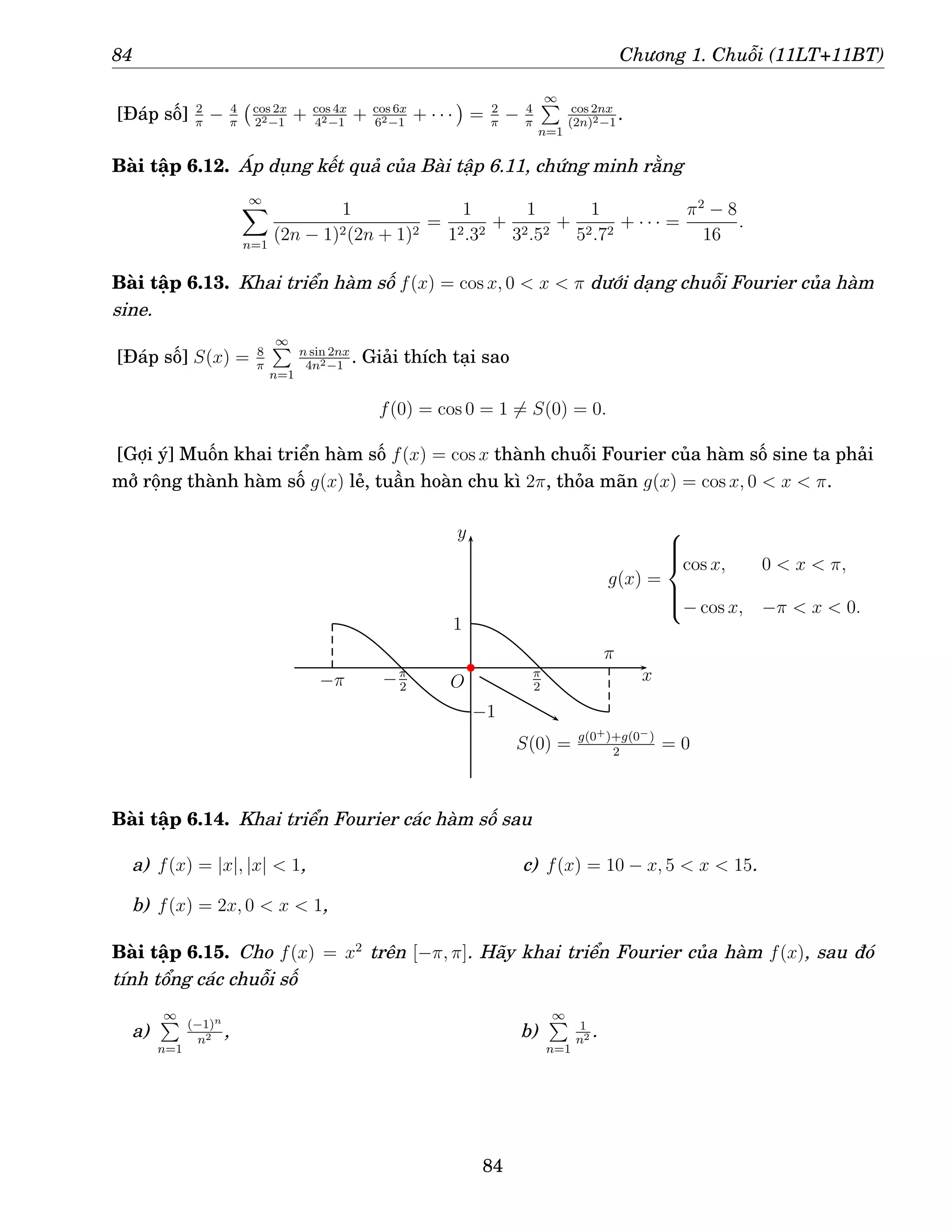 84 Chương 1. Chuỗi (11LT+11BT)
[Đáp số] 2
π
− 4
π
cos 2x
22−1
+ cos 4x
42−1
+ cos 6x
62−1
+ · · ·

= 2
π
− 4
π
∞
P
n=1
cos 2nx
(2n)2−1
.
Bài tập 6.12. Áp dụng kết quả của Bài tập 6.11, chứng minh rằng
∞
X
n=1
1
(2n − 1)2(2n + 1)2
=
1
12.32
+
1
32.52
+
1
52.72
+ · · · =
π2
− 8
16
.
Bài tập 6.13. Khai triển hàm số f(x) = cos x, 0  x  π dưới dạng chuỗi Fourier của hàm
sine.
[Đáp số] S(x) = 8
π
∞
P
n=1
n sin 2nx
4n2−1
. Giải thích tại sao
f(0) = cos 0 = 1 6= S(0) = 0.
[Gợi ý] Muốn khai triển hàm số f(x) = cos x thành chuỗi Fourier của hàm số sine ta phải
mở rộng thành hàm số g(x) lẻ, tuần hoàn chu kì 2π, thỏa mãn g(x) = cos x, 0  x  π.
x
y
O
π
2
π
−π −π
2
1
−1
S(0) = g(0+)+g(0−)
2
= 0
b
g(x) =







cos x, 0  x  π,
− cos x, −π  x  0.
Bài tập 6.14. Khai triển Fourier các hàm số sau
a) f(x) = |x|, |x|  1,
b) f(x) = 2x, 0  x  1,
c) f(x) = 10 − x, 5  x  15.
Bài tập 6.15. Cho f(x) = x2
trên [−π, π]. Hãy khai triển Fourier của hàm f(x), sau đó
tính tổng các chuỗi số
a)
∞
P
n=1
(−1)n
n2 , b)
∞
P
n=1
1
n2 .
84
 