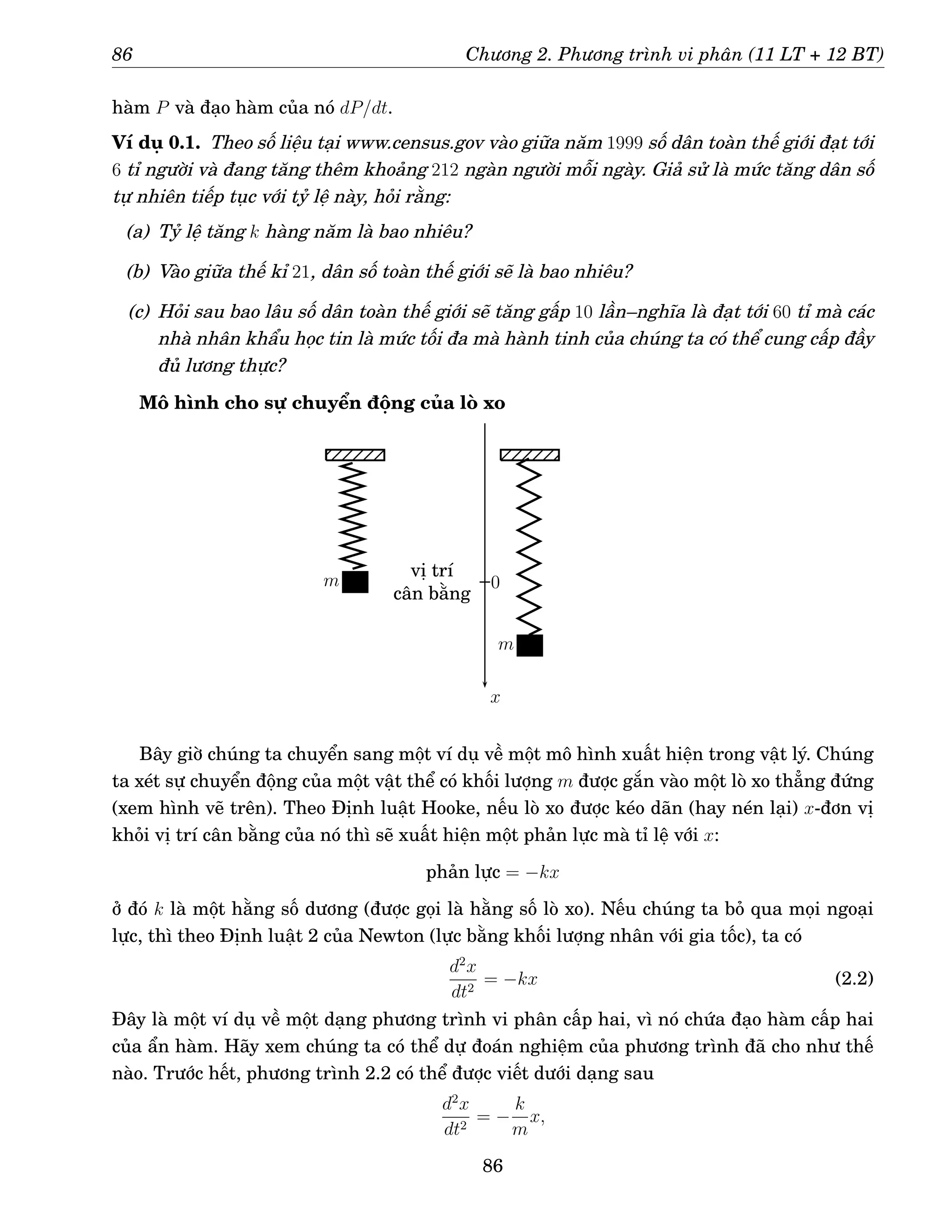 86 Chương 2. Phương trình vi phân (11 LT + 12 BT)
hàm P và đạo hàm của nó dP/dt.
Ví dụ 0.1. Theo số liệu tại www.census.gov vào giữa năm 1999 số dân toàn thế giới đạt tới
6 tỉ người và đang tăng thêm khoảng 212 ngàn người mỗi ngày. Giả sử là mức tăng dân số
tự nhiên tiếp tục với tỷ lệ này, hỏi rằng:
(a) Tỷ lệ tăng k hàng năm là bao nhiêu?
(b) Vào giữa thế kỉ 21, dân số toàn thế giới sẽ là bao nhiêu?
(c) Hỏi sau bao lâu số dân toàn thế giới sẽ tăng gấp 10 lần–nghĩa là đạt tới 60 tỉ mà các
nhà nhân khẩu học tin là mức tối đa mà hành tinh của chúng ta có thể cung cấp đầy
đủ lương thực?
Mô hình cho sự chuyển động của lò xo
m
m
0
x
vị trí
cân bằng
Bây giờ chúng ta chuyển sang một ví dụ về một mô hình xuất hiện trong vật lý. Chúng
ta xét sự chuyển động của một vật thể có khối lượng m được gắn vào một lò xo thẳng đứng
(xem hình vẽ trên). Theo Định luật Hooke, nếu lò xo được kéo dãn (hay nén lại) x-đơn vị
khỏi vị trí cân bằng của nó thì sẽ xuất hiện một phản lực mà tỉ lệ với x:
phản lực = −kx
ở đó k là một hằng số dương (được gọi là hằng số lò xo). Nếu chúng ta bỏ qua mọi ngoại
lực, thì theo Định luật 2 của Newton (lực bằng khối lượng nhân với gia tốc), ta có
d2
x
dt2
= −kx (2.2)
Đây là một ví dụ về một dạng phương trình vi phân cấp hai, vì nó chứa đạo hàm cấp hai
của ẩn hàm. Hãy xem chúng ta có thể dự đoán nghiệm của phương trình đã cho như thế
nào. Trước hết, phương trình 2.2 có thể được viết dưới dạng sau
d2
x
dt2
= −
k
m
x,
86
 