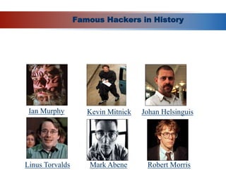 Famous Hackers in History
Ian Murphy Kevin Mitnick Johan Helsinguis
Mark Abene
Linus Torvalds Robert Morris
 