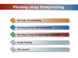 Phương pháp Footprinting
Giới thiệu về Footprinting
1
Phương pháp thực hiện Footprinting
2
Các công cụ được sử dụng trong Footprinting
3
Google Hacking
4
SQL Injection
5
 