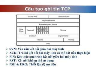 Cấu tạo gói tin TCP
 SYN: Yêu cầu kết nối giữa hai máy tính
 ACK: Trả lời kết nối hai máy tính có thể bắt đầu thực hiện
 FIN: Kết thúc quá trình kết nối giữa hai máy tính
 RST: Kết nối không thể sử dụng
 PSH & URG: Thiết lập độ ưu tiên
 