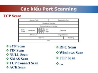 Các kiểu Port Scanning
SYN Scan
FIN Scan
NULL Scan
XMAS Scan
TCP Connect Scan
ACK Scan
RPC Scan
Windows Scan
FTP Scan
…
TCP Scan:
 