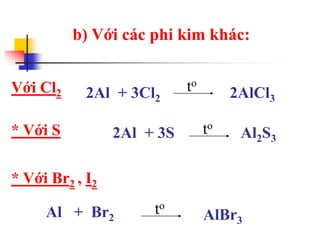 Với Cl2
b) Với các phi kim khác:
2Al + 3Cl2 2AlCl3
to
* Với S
* Với Br2 , I2
2Al + 3S Al2S3
to
Al + Br2
to
AlBr3
 