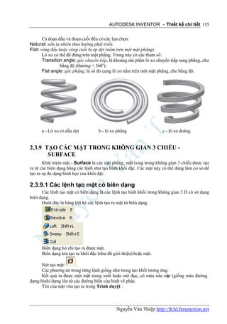 AUTODESK INVENTOR – Thiết kế chi tiết 135


       Cả đoạn đầu và đoạn cuối đều có các lựa chọn:
Natural: uốn tự nhiên theo hướng phát triển.
Flat: vòng đầu hoặc vòng cuối bị ép dẹt (nằm trên một mặt phẳng).
       Lò xo có thể để đứng trên mặt phẳng. Trong này có các tham số:
       Transition angle: góc chuyển tiếp, là khoảng mà phần lò xo chuyển tiếp sang phẳng, cho
                bằng độ (thường < 360o).
       Flat angle: góc phẳng, là số đo cung lò xo nằm trên một mặt phẳng, cho bằng độ.




      a - Lò xo có đầu dẹt          b - lò xo phẳng                 c - lò xo doãng.


2.3.9 TẠO CÁC MẶT TRONG KHÔNG GIAN 3 CHIỀU -
       SURFACE
       Khái niệm mặt - Surface là các mặt phẳng, mặt cong trong không gian 3 chiều được tạo
ra từ các biên dạng bằng các lệnh như tạo hình khối đặc. Các mặt này có thể dùng làm cơ sở để
tạo ra sự đa dạng hình học của khối đặc.

2.3.9.1 Các lệnh tạo mặt có biên dạng
      Các lệnh tạo mặt có biên dạng là các lệnh tạo hình khối trong không gian 3 D có sử dụng
biên dạng.
      Dưới đây là bảng liệt kê các lệnh tạo ra mặt từ biên dạng.




      Biên dạng hở chỉ tạo ra được mặt.
      Biên dạng kín tạo ra khối đặc (như đã giới thiệu) hoặc mặt.

      Nút tạo mặt:      .
      Các phương án trong từng lệnh giống như trong tạo khối tương ứng.
      Kết quả ta được một mặt trong suốt hoặc mờ đục, có màu nâu nh (giống màu đường
                                                                      ạt
dựng hình) dựng lên từ các đường biên của hình vẽ phác.
      Tên của mặt vừa tạo ra trong Trình duyệt :



                                              Nguyễn Văn Thiệp http://th3d.forumotion.net
 