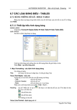 AUTODESK INVENTOR - Bản vẽ kỹ thuật - Drawing                    503


6.7 CÁC LOẠI BẢNG BIỂU - TABLES
6.7.1 BẢNG THÔNG SỐ LỖ - HOLE TABLE
      Bảng này được áp dụng trong hình chiếu của chi tiết hoặc cụm chi tiết có các lỗ vẽ bằng
lệnh Hole.

6.7.1.1 Thiết lập kiểu hình dạng bảng
DẠNG LỆNH:
     Trình đơn: Format  Styles Editor  Hole Table  Hole Table (ISO)
GIẢI THÍCH:
     Sau khi ra lệnh, hộp thoại có dạng:




      Cách tạo kiểu bảng mới giống như các đối tượng khác đã giới thiệu ở trên.
      Nhấn New - tạo kiểu bảng mới.

1- Mục Formatting - xác định hình dạng bảng
       Các thông số gồm:
Title:       tên bảng. Gõ tên tại ô nhập liệu. Có thể gõ tiếng Việt.
Nhóm Text Styles - kiểu chữ
    Trong này có các kiểu chữ cho các đối tượng của bảng:
    - Title:                chữ tiêu đề bảng.
    - Colunm Header:        chữ tiêu đề cột.
    - Data:                 chữ nội dung các ô của bảng.
    Nhấn nút  để chọn kiểu (xem phần “Chữ - Text”).
Heading:     tiêu đề. Nhấn nút  tại ô        để chọn vị trí đặt tiêu đề các cột. Ô tô đậm là tiêu
             đề. Các vị trí như sau:
                  tiêu đề bên trên.
                  tiêu đề bên dưới.
                  không có tiêu đề.
Nhóm Line Format - định dạng nét vẽ
                                                                              Nguyễn Văn Thiệp
 