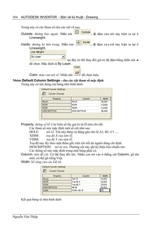 504   AUTODESK INVENTOR - Bản vẽ kỹ thuật - Drawing


      Trong này có các tham số cho các nét vẽ sau:

      Outside: đường bao ngoài. Nhấn nút                   , độ đậm của nét này hiện ra tại ô
           Lineweight.

      Inside: đường kẻ bên trong. Nhấn nút                 , độ đậm củ a n ét này h iện ra tại ô
            Lineweight.


                                       tại đây có thể thay đổi giá trị độ đậm bằng nhấn nút 
            để chọn. Mặc định là By Layer.


            Color: màu của nét vẽ. Nhấn nút          để chọn màu.
Nhóm Default Column Settings - cho các cột tham số mặc định
    Trong này có nội dung của bảng như hình dưới.




      Property: thông số lỗ. Các biến số lấy giá trị từ lỗ trên chi tiết.
           Các tham số này mặc định một số cột như sau:
           HOLE:        tên lỗ. Tên này được tự động gán cho là A1, B1, C1 ....
           XDIM:        toạ độ X của tâm lỗ.
           YDIM:        toạ độ Y của tâm lỗ.
           Toạ độ này lấy theo một điểm gốc trên chi tiết do người dùng chỉ định.
           DESCRIPTION: mô tả ren. Thường cột này ghi ký hiệu tiêu chuẩn ren.
           Các thông số này mặc định trong một bảng phải có.
      Colunm: tiêu đề cột. Có thể thay đổi tên. Nhấn con trỏ vào ô thẳng cột Column, gõ tên
           mới, có thể gõ tiếng Việt.
      Width: bề rộng của cột. Gõ số.




      Kết quả bảng sẽ như hình dưới.




Nguyễn Văn Thiệp
 