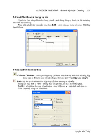 AUTODESK INVENTOR - Bản vẽ kỹ thuật - Drawing                   539


6.7.4.4 Chỉnh sửa bảng tự do
       Ngoài các chức năng chỉnh sửa chung cho tất cả các bảng, bảng tự do có các đặc thù riêng
như trình bày dưới đây.
       Nhấn phải chuột vào bảng cần sửa, chọn Edit - chỉnh sửa các thông số bảng. Một hộp
thoại hiện ra:




1- Các nút trên đỉnh hộp thoại

     Column Chooser - chọn cột trong bảng (để thêm hoặc bớt đi). Khi nhấn nút này, hộp
          thoại hiện ra để thêm hoặc bớt cột (đã giải thích tại lệnh “Thiết lập kiểu bảng”).
    Sort - xếp thứ tự các thành viên. Hộp thoại để chọn phương án sắp xếp:
     Trong này mặc định là None - không theo tiêu chí nào, chỉ theo thứ tự lắp ghép.
     Sort by: xếp thứ tự theo các tiêu chí được chọn. Nhấn nút  , một danh sách hiện ra.
     Nhấn chọn một trong các tiêu chí đó.




                                                                            Nguyễn Văn Thiệp
 