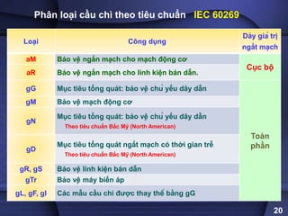 20
Loại Công dụng
Dảy giá trị
ngắt mạch
aM Bảo vệ ngắn mạch cho mạch động cơ
Cục bộ
aR Bảo vệ ngắn mạch cho linh kiện bán dẫn.
gG Mục tiêu tổng quát: bảo vệ chủ yếu dây dẫn
Toàn
phần
gM Bảo vệ mạch động cơ
gN
Mục tiêu tổng quát: bảo vệ chủ yếu dây dẫn
Theo tiêu chuẩn Bắc Mỹ (North American)
gD
Mục tiêu tổng quát ngắt mạch có thời gian trễ
Theo tiêu chuẩn Bắc Mỹ (North American)
gR, gS Bảo vệ linh kiện bán dẫn
gTr Bảo vệ máy biến áp
gL, gF, gl Các mẫu cầu chì được thay thế bằng gG
Phân loại cầu chì theo tiêu chuẩn IEC 60269
 