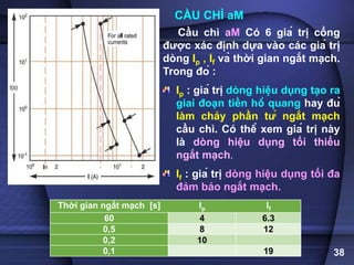 38
CẦU CHÌ aM
Cầu chì aM Có 6 giá trị cổng
được xác định dựa vào các giá trị
dòng Ip , If và thời gian ngắt mạch.
Trong đó :
Ip : giá trị dòng hiệu dụng tạo ra
giai đoạn tiền hồ quang hay đủ
làm chảy phần tử ngắt mạch
cầu chì. Có thể xem giá trị này
là dòng hiệu dụng tối thiểu
ngắt mạch.
If : giá trị dòng hiệu dụng tối đa
đảm bảo ngắt mạch.
Thời gian ngắt mạch [s] Ip If
60 4 6.3
0,5 8 12
0,2 10
0,1 19
 