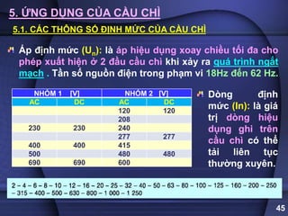 45
5. ỨNG DỤNG CỦA CẦU CHÌ
5.1. CÁC THÔNG SỐ ĐỊNH MỨC CỦA CẦU CHÌ
Áp định mức (Un): là áp hiệu dụng xoay chiều tối đa cho
phép xuất hiện ở 2 đầu cầu chì khi xảy ra quá trình ngắt
mạch . Tần số nguồn điện trong phạm vi 18Hz đến 62 Hz.
NHÓM 1 [V] NHÓM 2 [V]
AC DC AC DC
120 120
208
230 230 240
277 277
400 400 415
500 480 480
690 690 600
Dòng định
mức (In): là giá
trị dòng hiệu
dụng ghi trên
cầu chì có thể
tải liên tục
thường xuyên.
 