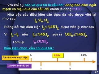 47
Với khí cụ bảo vệ quá tải là cầu chì, dòng bảo đảm ngắt
mạch có hiệu quả của cầu chì chính là dòng I2 = If .
Như vậy các điều kiện cần thỏa đã nêu được viết lại
như sau:
n
b Z
I I I
 
2 Z
I 1,45 I

Riêng đối với điều kiện được viết lại như sau
2 f
I I
 Z
f
I 1,45 I
 n Z
1,6 I 1,45 I

Vì nên suy ra
Tóm lại n Z
I 0,9 I

Điều kiện chọn cầu chì quá tải :
Đặc tính của mạch điện
Đặc tính của cầu chì
0,9.Iz
 