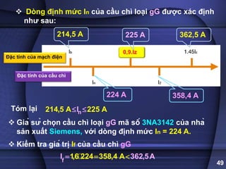 49
 Dòng định mức In của cầu chì loại gG được xác định
như sau:
Tóm lại n
I
214,5 A 225 A
 
 Giả sử chọn cầu chì loại gG mã số 3NA3142 của nhà
sản xuất Siemens, với dòng định mức In = 224 A.
 Kiểm tra giá trị If của cầu chì gG
f
1,6 224 358,4 A
I 362,5A

 
Đặc tính của mạch điện
Đặc tính của cầu chì
0,9.Iz
214,5 A 225 A 362,5 A
224 A 358,4 A
 