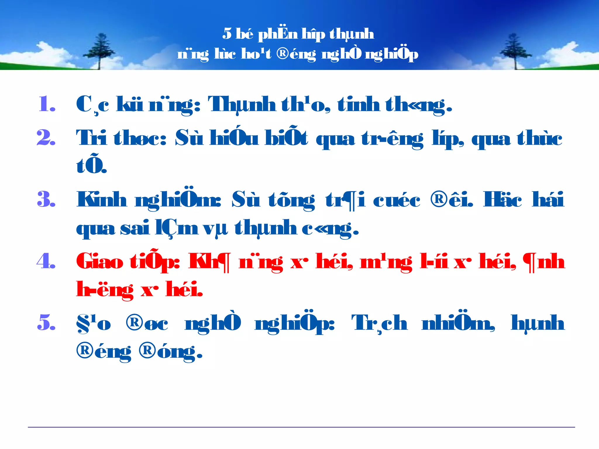 5 bé phËn hîp thµnh
n¨ng lùc ho¹t ®éng nghÒ nghiÖp
1. C¸c kü n¨ng: Thµnh th¹o, tinh th«ng.
2. Tri thøc: Sù hiÓu biÕt qua tr­êng líp, qua thùc
tÕ.
3. Kinh nghiÖm: Sù tõng tr¶i cuéc ®êi. Häc hái
qua sai lÇmvµ thµnh c«ng.
4. Giao tiÕp: Kh¶ n¨ng x· héi, m¹ng l­íi x· héi, ¶nh
h­ëng x· héi.
5. §¹o ®øc nghÒ nghiÖp: Tr¸ch nhiÖm, hµnh
®éng ®óng.
 