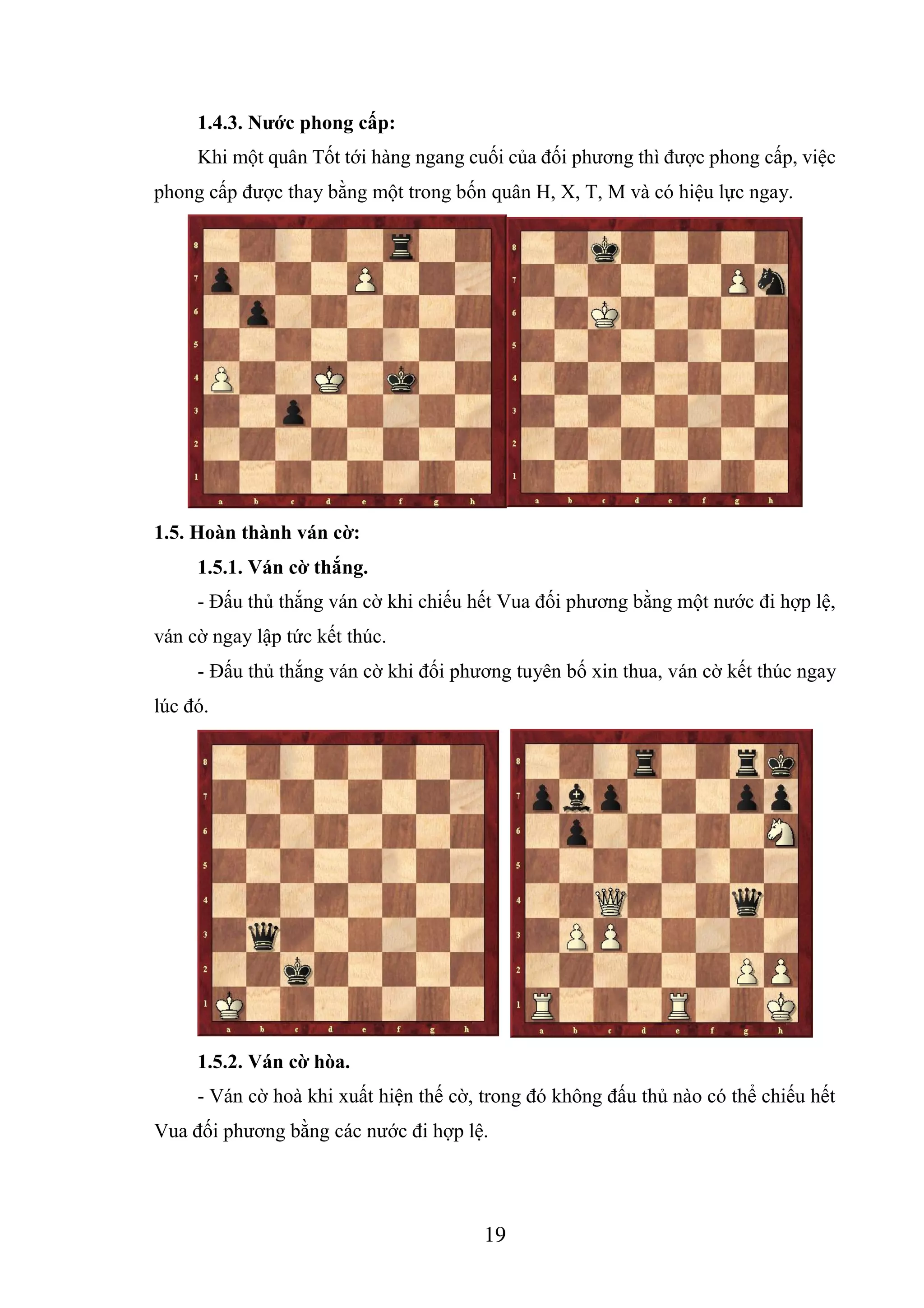 19
1.4.3. Nước phong cấp:
Khi một quân Tốt tới hàng ngang cuối của đối phương thì được phong cấp, việc
phong cấp được thay bằng một trong bốn quân H, X, T, M và có hiệu lực ngay.
1.5. Hoàn thành ván cờ:
1.5.1. Ván cờ thắng.
- Đấu thủ thắng ván cờ khi chiếu hết Vua đối phương bằng một nước đi hợp lệ,
ván cờ ngay lập tức kết thúc.
- Đấu thủ thắng ván cờ khi đối phương tuyên bố xin thua, ván cờ kết thúc ngay
lúc đó.
1.5.2. Ván cờ hòa.
- Ván cờ hoà khi xuất hiện thế cờ, trong đó không đấu thủ nào có thể chiếu hết
Vua đối phương bằng các nước đi hợp lệ.
 