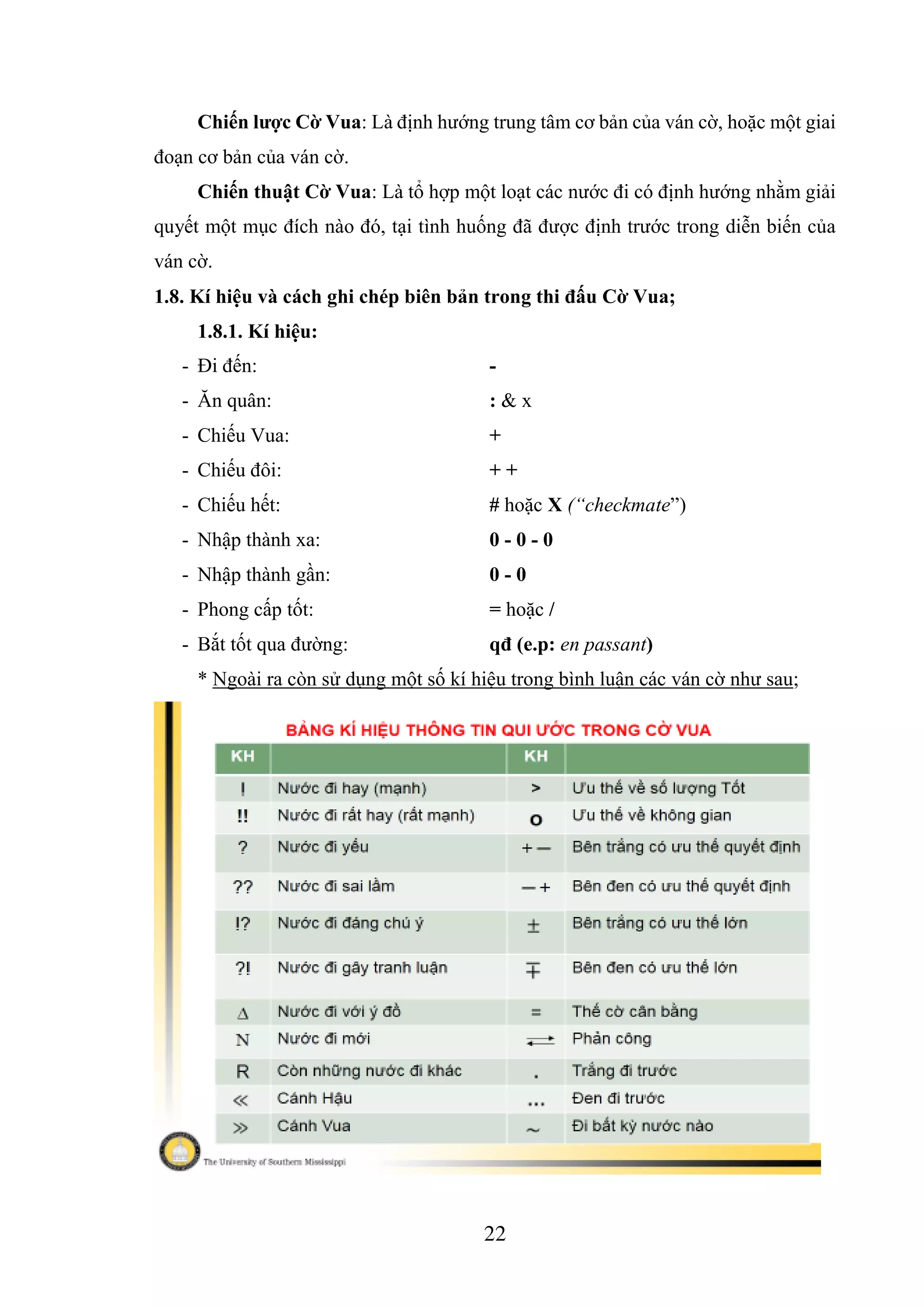 22
Chiến lược Cờ Vua: Là định hướng trung tâm cơ bản của ván cờ, hoặc một giai
đoạn cơ bản của ván cờ.
Chiến thuật Cờ Vua: Là tổ hợp một loạt các nước đi có định hướng nhằm giải
quyết một mục đích nào đó, tại tình huống đã được định trước trong diễn biến của
ván cờ.
1.8. Kí hiệu và cách ghi chép biên bản trong thi đấu Cờ Vua;
1.8.1. Kí hiệu:
- Đi đến: -
- Ăn quân: : & x
- Chiếu Vua: +
- Chiếu đôi: + +
- Chiếu hết: # hoặc X (“checkmate”)
- Nhập thành xa: 0 - 0 - 0
- Nhập thành gần: 0 - 0
- Phong cấp tốt: = hoặc /
- Bắt tốt qua đường: qđ (e.p: en passant)
* Ngoài ra còn sử dụng một số kí hiệu trong bình luận các ván cờ như sau;
 
