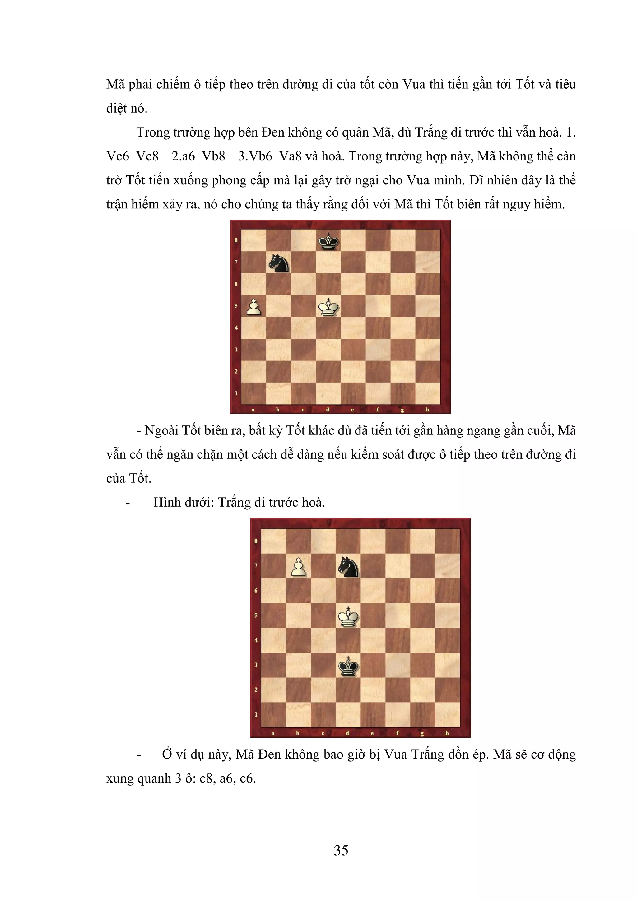 35
Mã phải chiếm ô tiếp theo trên đường đi của tốt còn Vua thì tiến gần tới Tốt và tiêu
diệt nó.
Trong trường hợp bên Đen không có quân Mã, dù Trắng đi trước thì vẫn hoà. 1.
Vc6 Vc8 2.a6 Vb8 3.Vb6 Va8 và hoà. Trong trường hợp này, Mã không thể cản
trở Tốt tiến xuống phong cấp mà lại gây trở ngại cho Vua mình. Dĩ nhiên đây là thế
trận hiếm xảy ra, nó cho chúng ta thấy rằng đối với Mã thì Tốt biên rất nguy hiểm.
- Ngoài Tốt biên ra, bất kỳ Tốt khác dù đã tiến tới gần hàng ngang gần cuối, Mã
vẫn có thể ngăn chặn một cách dễ dàng nếu kiểm soát được ô tiếp theo trên đường đi
của Tốt.
- Hình dưới: Trắng đi trước hoà.
- Ở ví dụ này, Mã Đen không bao giờ bị Vua Trắng dồn ép. Mã sẽ cơ động
xung quanh 3 ô: c8, a6, c6.
 
