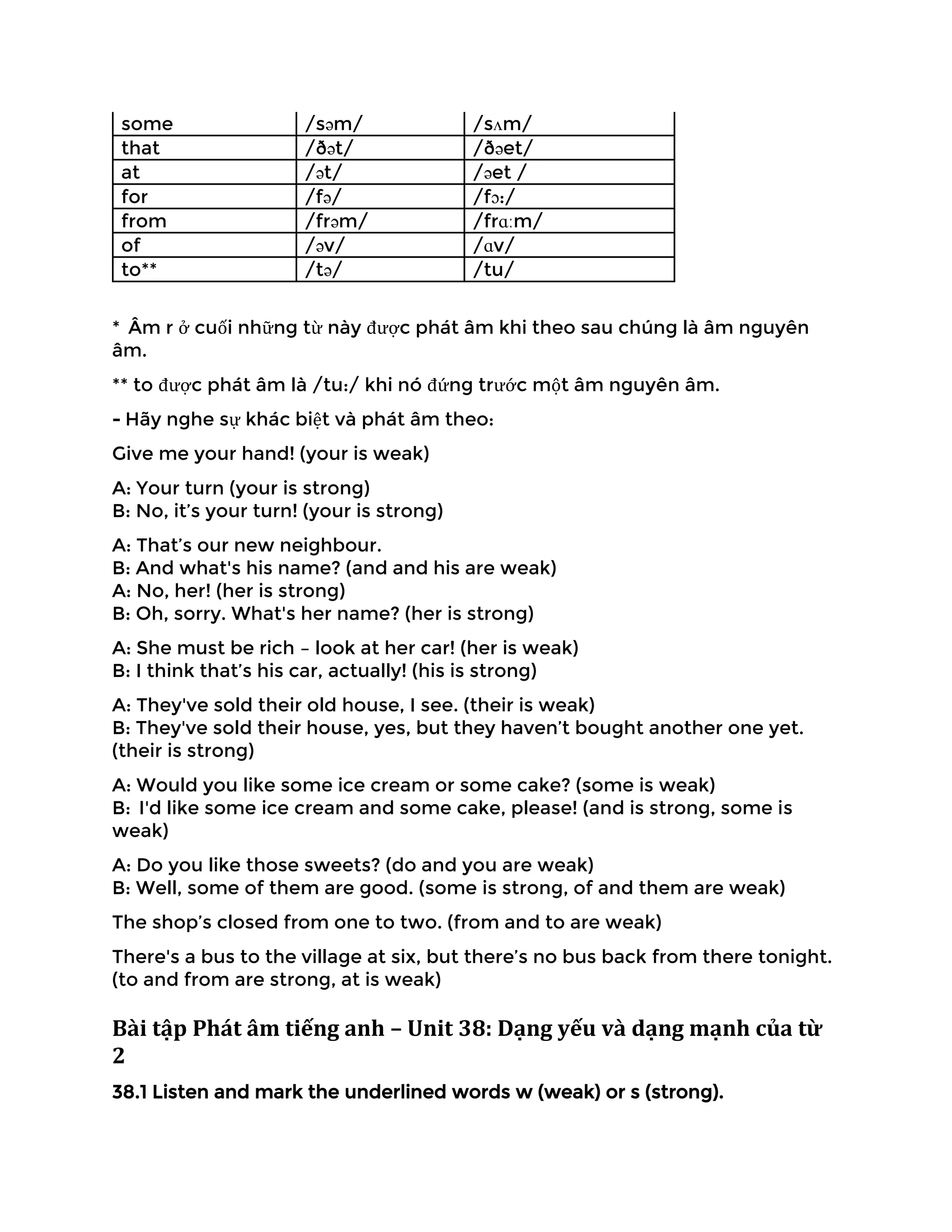 some /səm/ /sʌm/
that /ðət/ /ðəet/
at /ət/ /əet /
for /fə/ /fɔ:/
from /frəm/ /frɑːm/
of /əv/ /ɑv/
to** /tə/ /tu/
* Âm r ở cuối những từ này được phát âm khi theo sau chúng là âm nguyên
âm.
** to được phát âm là /tu:/ khi nó đứng trước một âm nguyên âm.
- Hãy nghe sự khác biệt và phát âm theo:
Give me your hand! (your is weak)
A: Your turn (your is strong)
B: No, it’s your turn! (your is strong)
A: That’s our new neighbour.
B: And what's his name? (and and his are weak)
A: No, her! (her is strong)
B: Oh, sorry. What's her name? (her is strong)
A: She must be rich – look at her car! (her is weak)
B: I think that’s his car, actually! (his is strong)
A: They've sold their old house, I see. (their is weak)
B: They've sold their house, yes, but they haven’t bought another one yet.
(their is strong)
A: Would you like some ice cream or some cake? (some is weak)
B: I'd like some ice cream and some cake, please! (and is strong, some is
weak)
A: Do you like those sweets? (do and you are weak)
B: Well, some of them are good. (some is strong, of and them are weak)
The shop’s closed from one to two. (from and to are weak)
There's a bus to the village at six, but there’s no bus back from there tonight.
(to and from are strong, at is weak)
Bài tập Phát âm tiếng anh – Unit 38: Dạng yếu và dạng mạnh của từ
2
38.1 Listen and mark the underlined words w (weak) or s (strong).
 