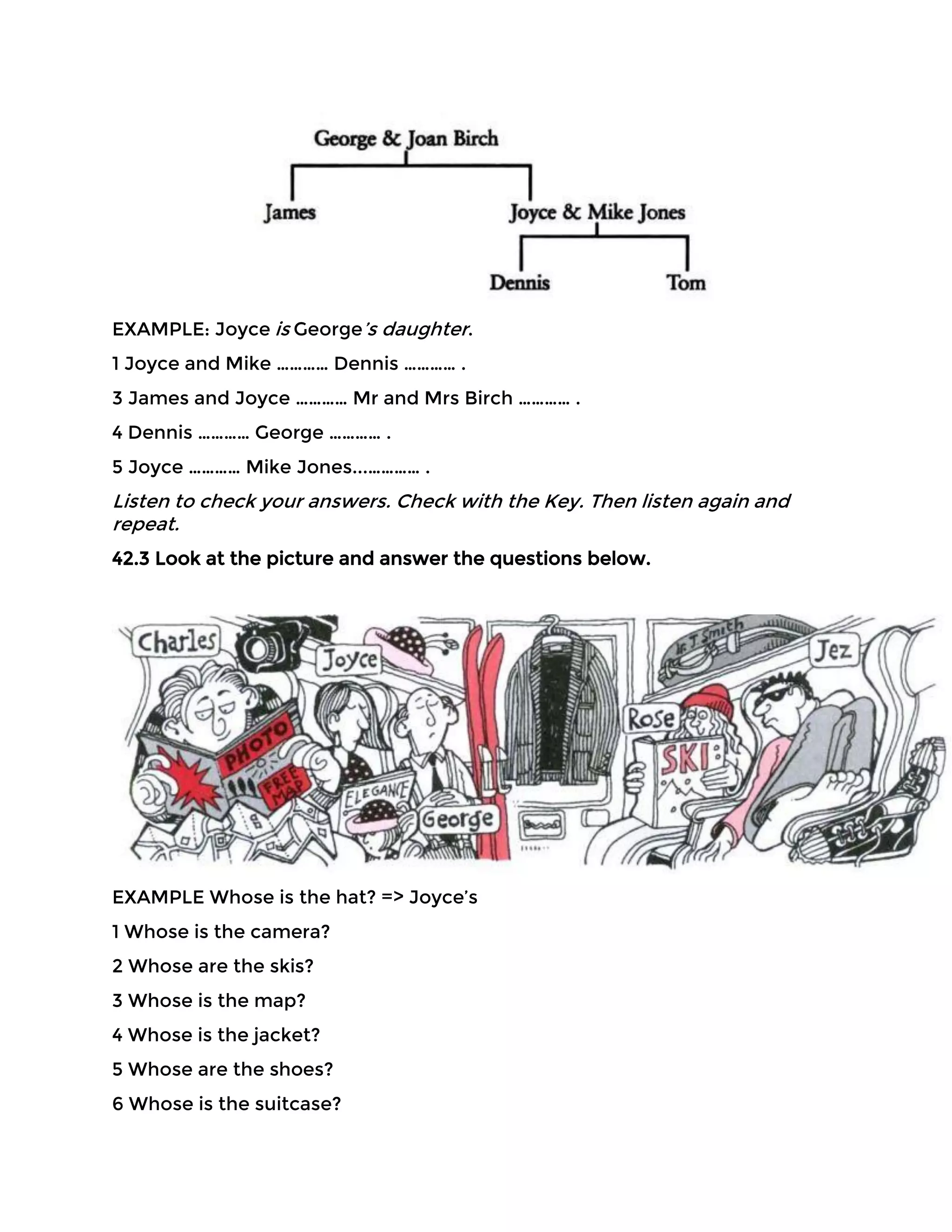 EXAMPLE: Joyce is George’s daughter.
1 Joyce and Mike ………… Dennis ………… .
3 James and Joyce ………… Mr and Mrs Birch ………… .
4 Dennis ………… George ………… .
5 Joyce ………… Mike Jones...………… .
Listen to check your answers. Check with the Key. Then listen again and
repeat.
42.3 Look at the picture and answer the questions below.
EXAMPLE Whose is the hat? => Joyce’s
1 Whose is the camera?
2 Whose are the skis?
3 Whose is the map?
4 Whose is the jacket?
5 Whose are the shoes?
6 Whose is the suitcase?
 
