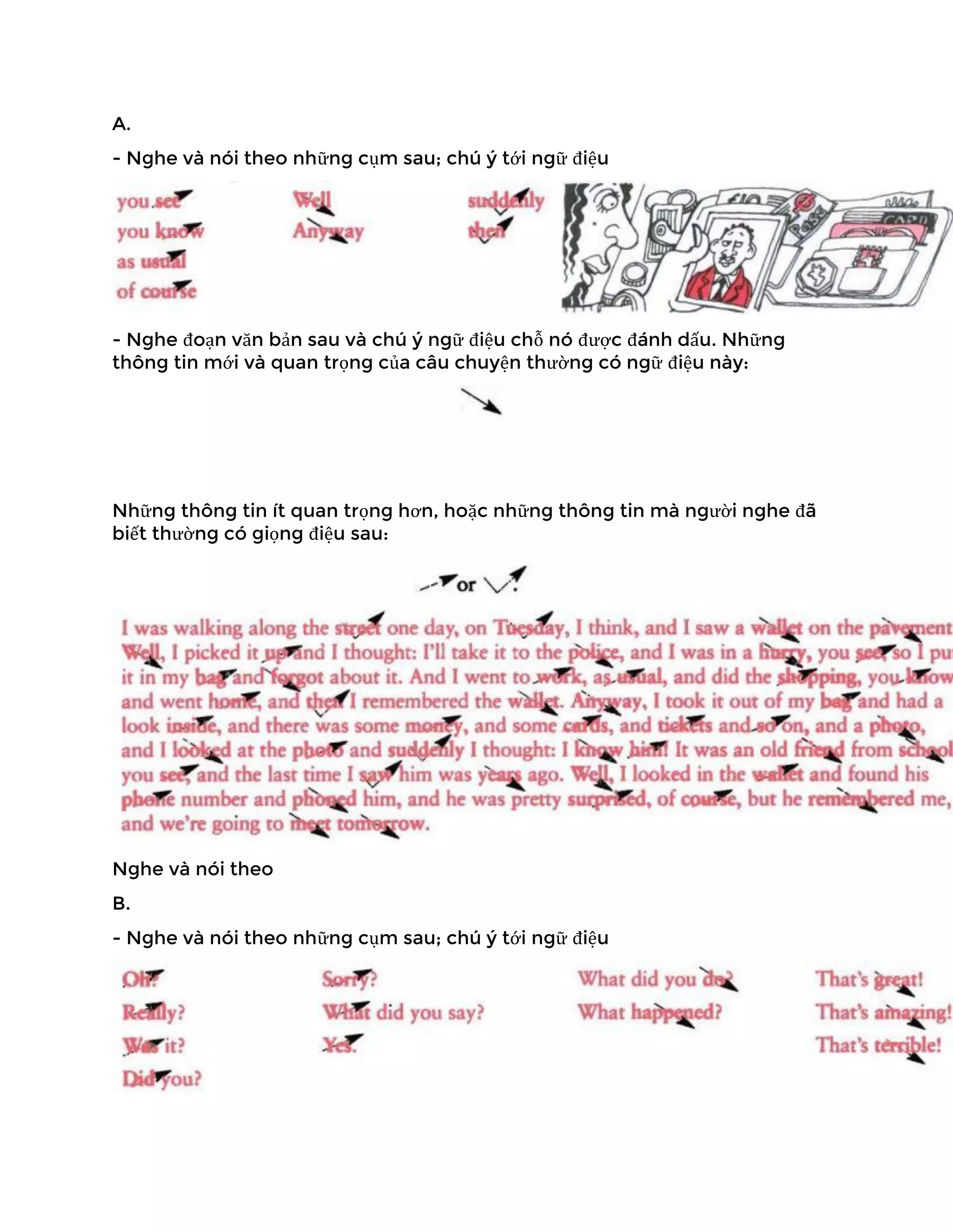 A.
- Nghe và nói theo những cụm sau; chú ý tới ngữ điệu
- Nghe đoạn văn bản sau và chú ý ngữ điệu chỗ nó được đánh dấu. Những
thông tin mới và quan trọng của câu chuyện thường có ngữ điệu này:
Những thông tin ít quan trọng hơn, hoặc những thông tin mà người nghe đã
biết thường có giọng điệu sau:
Nghe và nói theo
B.
- Nghe và nói theo những cụm sau; chú ý tới ngữ điệu
 