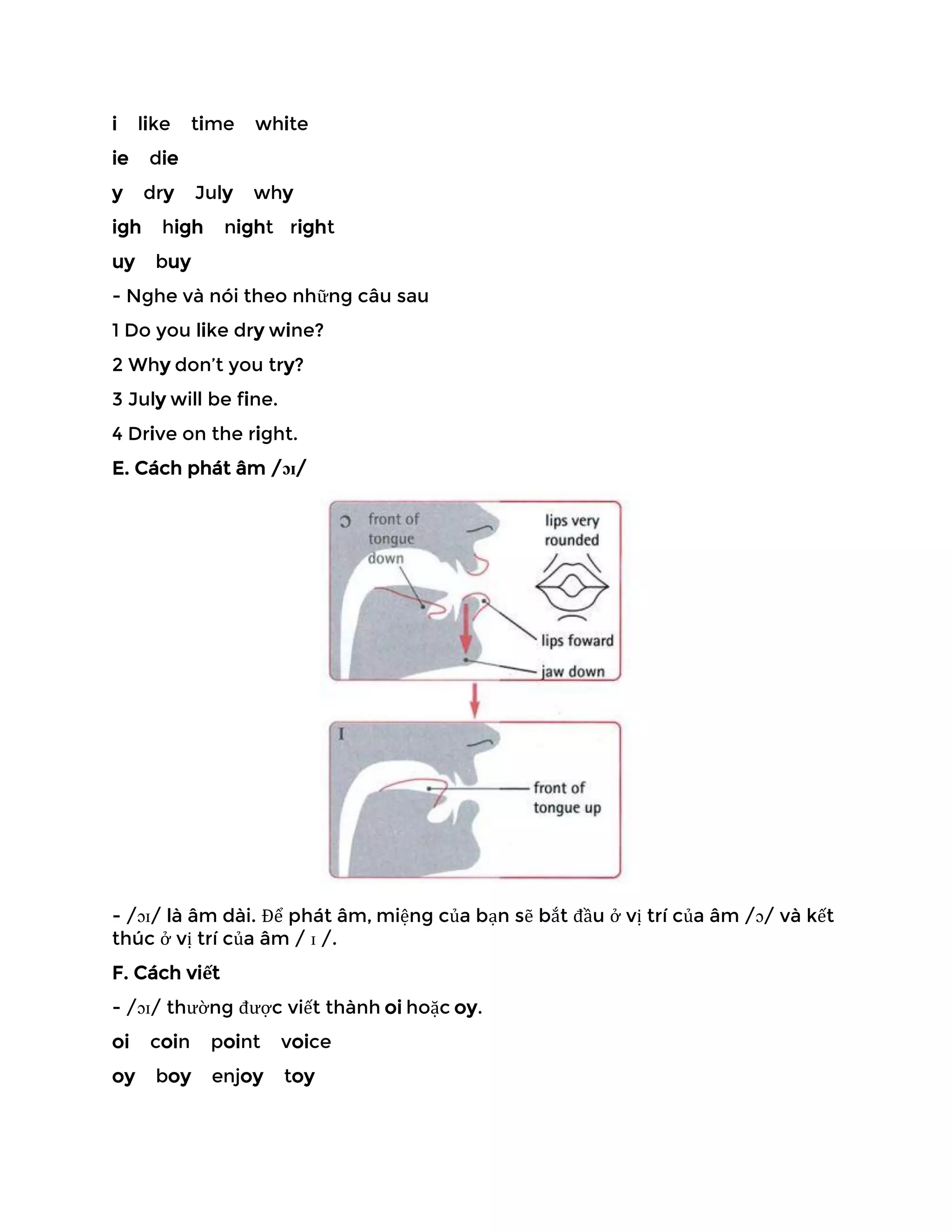 i like time white
ie die
y dry July why
igh high night right
uy buy
- Nghe và nói theo những câu sau
1 Do you like dry wine?
2 Why don’t you try?
3 July will be fine.
4 Drive on the right.
E. Cách phát âm /ɔɪ/
- /ɔɪ/ là âm dài. Để phát âm, miệng của bạn sẽ bắt đầu ở vị trí của âm /ɔ/ và kết
thúc ở vị trí của âm / ɪ /.
F. Cách viết
- /ɔɪ/ thường được viết thành oi hoặc oy.
oi coin point voice
oy boy enjoy toy
 