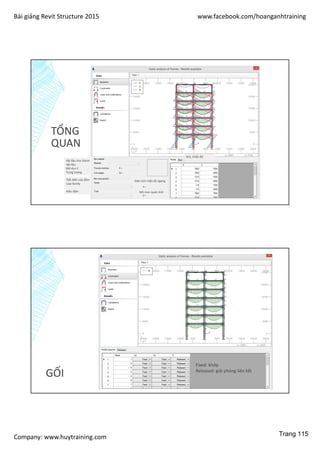 Bài giảng Revit Structure 2015 www.facebook.com/hoanganhtraining
Company: www.huytraining.com
TỔNG
QUAN
Vật liệu cho thanh
Vật liệu
Mô dun E
Trọng lượng
Tiết diện của dầm
Loại family
Kiểu dầm
Diện tích mặt cắt ngang
Mô men quán tính
Nút, khẩu độ
GỐI
Fixed: khớp
Released: giải phóng liên kết
Trang 115
 
