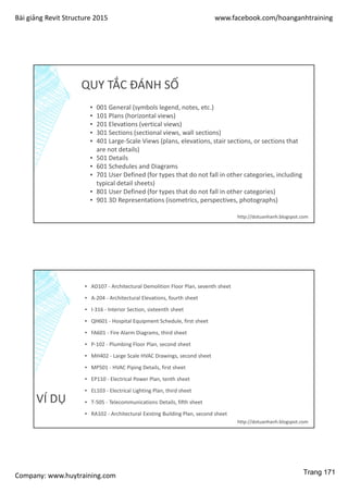 Bài giảng Revit Structure 2015 www.facebook.com/hoanganhtraining
Company: www.huytraining.com
QUY TẮC ĐÁNH SỐ
▪ 001 General (symbols legend, notes, etc.)
▪ 101 Plans (horizontal views)
▪ 201 Elevations (vertical views)
▪ 301 Sections (sectional views, wall sections)
▪ 401 Large-Scale Views (plans, elevations, stair sections, or sections that
are not details)
▪ 501 Details
▪ 601 Schedules and Diagrams
▪ 701 User Defined (for types that do not fall in other categories, including
typical detail sheets)
▪ 801 User Defined (for types that do not fall in other categories)
▪ 901 3D Representations (isometrics, perspectives, photographs)
http://dotuanhanh.blogspot.com
VÍ DỤ
▪ AD107 - Architectural Demolition Floor Plan, seventh sheet
▪ A-204 - Architectural Elevations, fourth sheet
▪ I-316 - Interior Section, sixteenth sheet
▪ QH601 - Hospital Equipment Schedule, first sheet
▪ FA601 - Fire Alarm Diagrams, third sheet
▪ P-102 - Plumbing Floor Plan, second sheet
▪ MH402 - Large Scale HVAC Drawings, second sheet
▪ MP501 - HVAC Piping Details, first sheet
▪ EP110 - Electrical Power Plan, tenth sheet
▪ EL103 - Electrical Lighting Plan, third sheet
▪ T-505 - Telecommunications Details, fifth sheet
▪ RA102 - Architectural Existing Building Plan, second sheet
http://dotuanhanh.blogspot.com
Trang 171
 