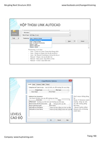 Bài giảng Revit Structure 2015 www.facebook.com/hoanganhtraining
Company: www.huytraining.com
HỘP THOẠI LINK AUTOCAD
Positioning: vị trí chọn
- Auto - Center to Center Trung tâm khung nhìn
- Auto - Origin to Origin Lấy tọa độ của Revit
- Auto - By Shared Coordinates: hệ tọa độ chia sẻ
- Manual – Origin: chọ tọa độ đặt vào
- Manual – Base point: chọn điểm cơ bản
- Manual – Center: chọn điểm tâm
LEVELS
CAO ĐỘ
Loại và kiểu các đối tượng cần sao chép
Các tham số thêm cho các đối tượng sao chép
Đường cao độ mới cách đường cao độ copy
Dùng lại tên cao độ
Thêm ký hiệu đằng sau tên cao độ
Thêm ký hiệu đằng trước tên cao độ
Don’t reuse: không dùng
lại.
Reuse if Elements match
exactly: dùng lại nếu
các đối tượng giống
hệt nhau.
- Reuse if within offset:
dùng lại nếu có khoảng
chênh lệch.
Trang 180
 