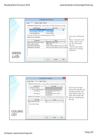 Bài giảng Revit Structure 2015 www.facebook.com/hoanganhtraining
Company: www.huytraining.com
GRIDS
LƯỚI
Loại và kiểu các đối tượng cần sao chép
Các tham số thêm cho các đối tượng sao chép
Dùng lại tên lưới
Don’t reuse: không dùng
lại.
Reuse if Elements match
exactly: dùng lại nếu
các đối tượng giống
hệt nhau.
- Reuse if within offset:
dùng lại nếu có khoảng
chênh lệch.
Thêm ký hiệu đằng sau tên cao độ
Thêm ký hiệu đằng trước tên cao độ
COLUMS
CỘT
Loại và kiểu các đối tượng cần sao chép
Các tham số thêm cho các đối tượng sao chép
Cắt cột theo tầng
- Don’t copy this Type:
không sao chép kiểu này
(áp dụng cột kiến trúc)
- Copy Original Type: sao
chép kiểu cột gốc bên
kiến trúc. (áp dụng cột
kết cấu)
Trang 181
 