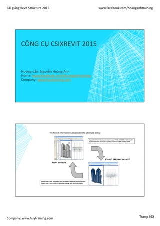 Bài giảng Revit Structure 2015 www.facebook.com/hoanganhtraining
Company: www.huytraining.com
CÔNG CỤ CSIXREVIT 2015
Hướng dẫn: Nguyễn Hoàng Anh
Home: www.facebook.comhoanganhtraining
Company: www.huytraining.com
Trang 193
 