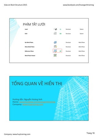 Giáo án Revit Structure 2015 www,facebook.com/hoanganhtraining
Company: www.huytraining.com
PHÍM TẮT LƯỚI
TỔNG QUAN VỀ HIỂN THỊ
Hướng dẫn: Nguyễn Hoàng Anh
Home: www.facebook.comhoanganhtraining
Company: www.huytraining.com
Trang 19
 