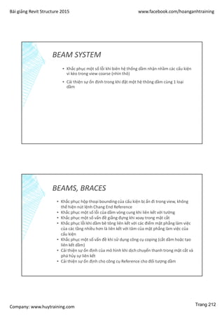 Bài giảng Revit Structure 2015 www.facebook.com/hoanganhtraining
Company: www.huytraining.com
BEAM SYSTEM
▪ Khắc phục một số lỗi khi biên hệ thống dầm nhận nhầm các cấu kiện
vì kèo trong view coarse (nhìn thô)
▪ Cải thiện sự ổn định trong khi đặt một hệ thông dầm cùng 1 loại
dầm
BEAMS, BRACES
▪ Khắc phục hộp thoại bounding của cấu kiện bị ẩn đi trong view, không
thể hiện nút lệnh Chang End Reference
▪ Khắc phục một số lỗi của dầm vòng cung khi liên kết với tường
▪ Khắc phục một số vấn đề giằng đựng khi xoay trong mặt cắt
▪ Khắc phục lỗi khi dầm bê tông liên kết với các điểm mặt phẳng làm việc
của các tầng nhiều hơn là liên kết với tâm của mặt phẳng làm việc của
cấu kiện
▪ Khắc phục một số vấn đề khi sử dụng công cụ coping (cắt dầm hoặc tạo
liên kết dầm)
▪ Cải thiện sự ổn định của mô hình khi dịch chuyển thanh trong mặt cắt và
phá hủy sự liên kết
▪ Cải thiện sự ổn định cho công cụ Reference cho đối tượng dầm
Trang 212
 