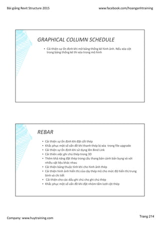 Bài giảng Revit Structure 2015 www.facebook.com/hoanganhtraining
Company: www.huytraining.com
GRAPHICAL COLUMN SCHEDULE
▪ Cải thiện sự ổn định khi mở bảng thống kê hình ảnh. Nếu xóa cột
trong bảng thống kê thì xóa trong mô hình
REBAR
▪ Cải thiện sự ổn định khi đặt cốt thép
▪ Khắc phục một số vấn đề khi thanh thép bị xóa trong file upgrade
▪ Cải thiện sự ổn định khi sử dụng lên Bind Link
▪ Cải thiên việc ghi chú thép trong 3D
▪ Thêm khả năng đặt thép trong cấu thang bản cánh bản bụng và với
nhiều vật liệu khác nhau
▪ Cải thiện bảng thuộc tính khi cho hình ảnh thép
▪ Cải thiện hình ảnh hiển thị của cây thép mũ cho mức độ hiển thị trung
bình và chi tiết
▪ Cải thiện cho các dấu ghi chú cho ghi chú thép
▪ Khắc phục một số vấn đề khi đặt nhóm tấm lưới cột thép
Trang 214
 