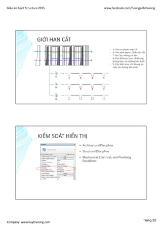 Giáo án Revit Structure 2015 www,facebook.com/hoanganhtraining
Company: www.huytraining.com
GIỚI HẠN CẮT
- 5: The cut plane: mặt cắt
- 6: The view depth: Chiều sâu cắt
- 7: No Clip: không cắt xén
- 8: Clip Without Line: cắt khung,
không hiện các đường bên dưới
- 9: Clip With Line: cắt khung, có
hiện các đường bên dưới
KIỂM SOÁT HIỂN THỊ
▪ Architectural Discipline
▪ Structural Discipline
▪ Mechanical, Electrical, and Plumbing
Disciplines
Trang 22
 