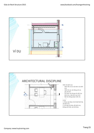 Giáo án Revit Structure 2015 www,facebook.com/hoanganhtraining
Company: www.huytraining.com
VÍ DỤ
ARCHITECTURAL DISCIPLINE
Hiển thị kiến trúc
- Hiện tất cả các cấu kiện của kiến
trúc
- Hiển thị các nét đúng với các
yêu tố xem
- Chỉ hiện các khung chi tiết của
kiến trúc, mặt cắt, cao trình
- Nét ẩn không được hiển thị
- …….
Ví dụ:
1: Khay cáp được che khuất bởi lớp
vở kiến trúc.
2: Chỉ hiện ký hiệu cắt kiến trúc
không thể hiện nét cắt khác
Trang 23
 