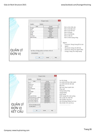 Giáo án Revit Structure 2015 www,facebook.com/hoanganhtraining
Company: www.huytraining.com
QUẢN LÝ
ĐƠN VỊ
Đơn vị đo chiều dài
Đơn vị đo diện tích
Đơn vị đo thể tích
Đơn vị đo góc
Đơn vị đo độ dốc
Đơn vị tiền tệ
Đơn vị khối lượng riêng
Ngành:
- Common: Dùng chung tất cả các
ngành
- Structural: dùng cho kết cấu
- Electrical: Dùng cho ngành điện
- Energy: dùng cho năng lượngKý hiệu số thập phân và nhóm chữ số
QUẢN LÝ
ĐƠN VỊ
KẾT CẤU
Lực tác dụng
Lực phân bố theo tiếp tuyến
Lực phân bố trên bề mặt
Mô men
Mô men theo tuyến tính
Ứng suất
Trọng lượng riêng
Trọng lượng
Khối lượng
Khối lượng trên mét vuông
Độ co dãn do nhiệt độ
Hệ số điểm của lò xo
Hệ số đường thẳng của lò xo
Hệ số diện tích của lò xo
……………………………
Trang 26
 