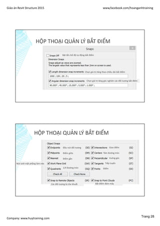 Giáo án Revit Structure 2015 www,facebook.com/hoanganhtraining
Company: www.huytraining.com
HỘP THOẠI QUẢN LÝ BẮT ĐIỂM
Bật tắt chế độ tự động bắt điểm
Chọn giá trị tăng theo chiều dài bắt điểm
Chọn giá trị tăng góc nghiên các đối tượng bắt điểm
HỘP THOẠI QUẢN LÝ BẮT ĐIỂM
Đầu nút đối tượng
Điểm giữa
Điểm gần
Nút lưới mặt phẳng làm việc
1/4 Đường tròn
Giao điểm
Tâm đường tròn
Vuông góc
Tiếp tuyến
Điểm
Các đối tượng bị che khuất Bắt điểm đám mây
Trang 28
 
