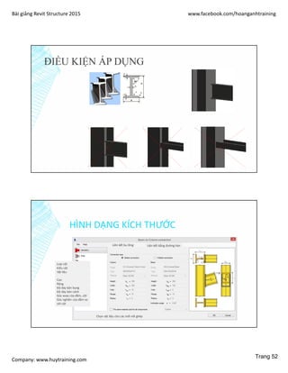 Bài giảng Revit Structure 2015 www.facebook.com/hoanganhtraining
Company: www.huytraining.com
ĐIỀU KIỆN ÁP DỤNG
Dầm cột đều thép hình chữ I Chỉ áp dụng với liên kến trên
CÁC TRƯỜNG HỢP LIÊN KẾT KHÔNG ÁP DỤNG ĐƯỢC
HÌNH DẠNG KÍCH THƯỚC
Liên kết bu lông Liên kết bằng đường hàn
Chọn vật liệu cho các mối nối ghép
Loại cột
Kiểu cột
Vật liệu
Cao
Rộng
Độ dày bản bụng
Độ dày bản cánh
Góc xoay của dầm, cột
Góc nghiên của dầm so
với cột
Trang 52
 